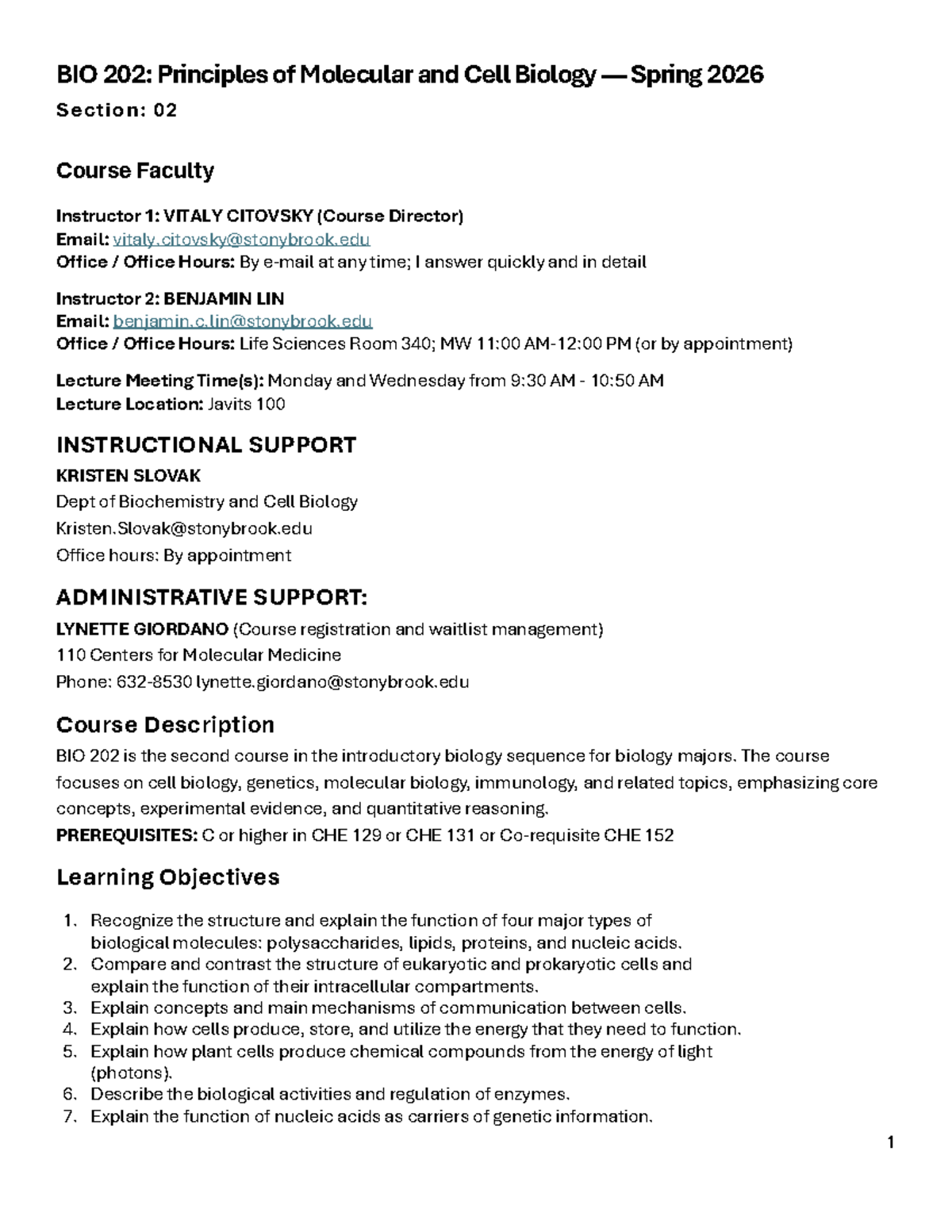BIO 202: Syllabus and Course Information for Spring 2026 - Studocu