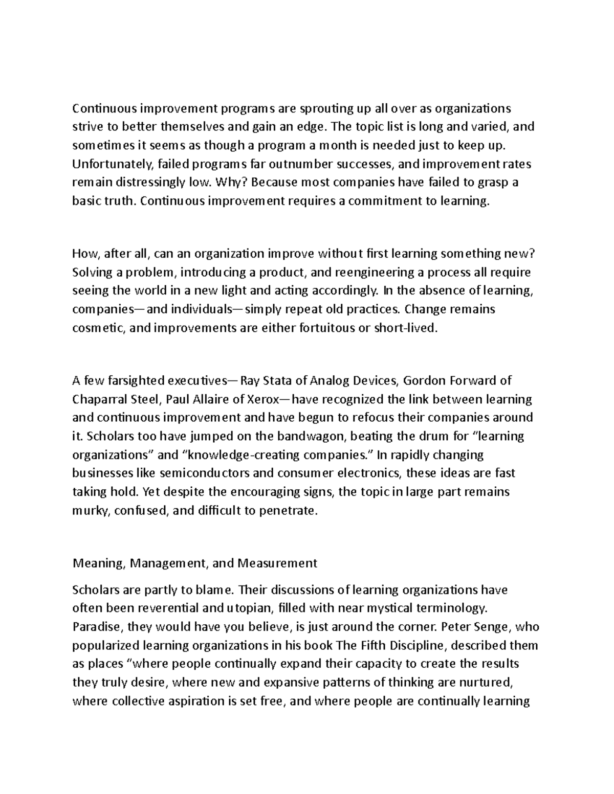 Improving Through Learning: Insights on Learning Organizations - Studocu