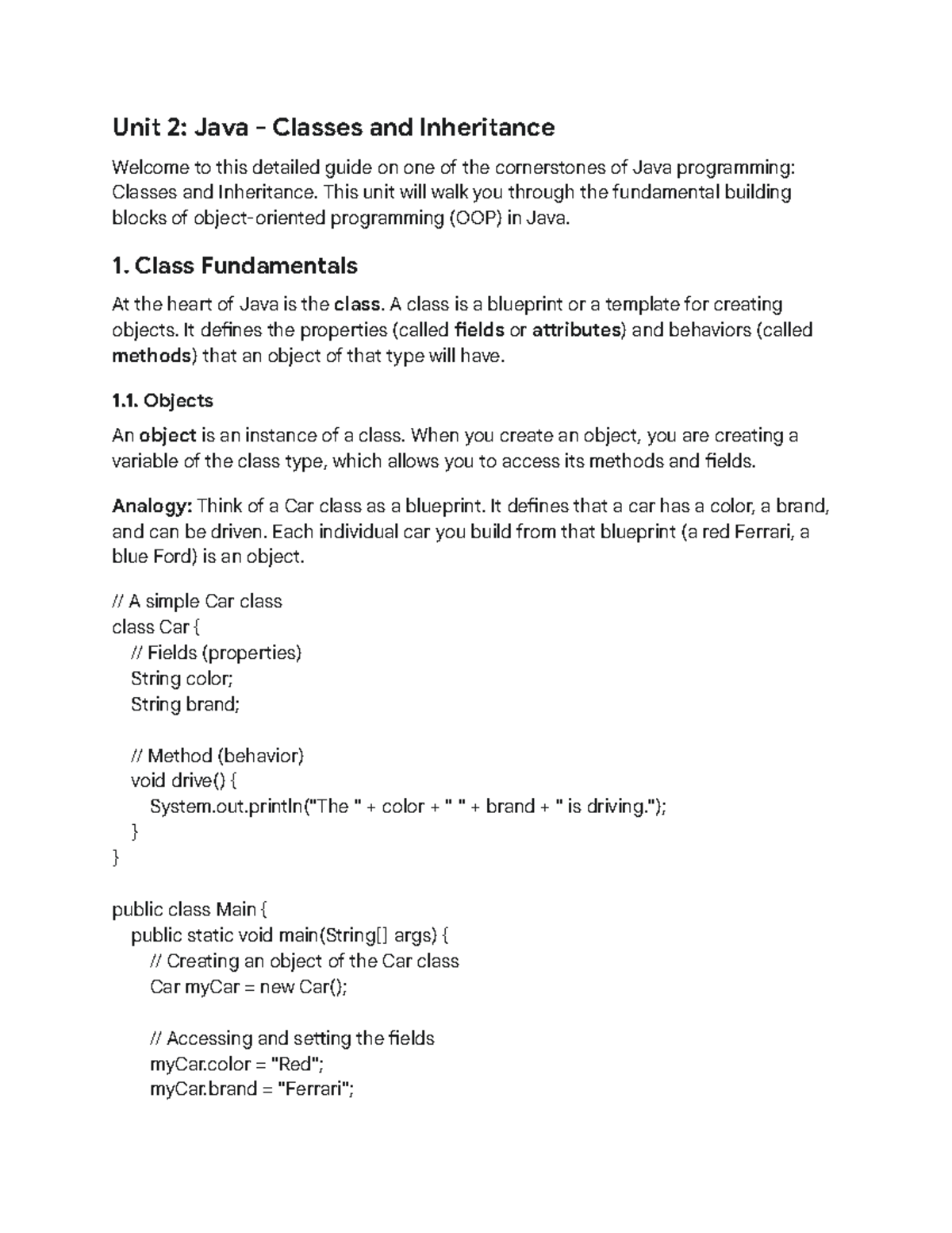 Unit 2: Java Classes & Inheritance Overview for OOP Concepts - Studocu