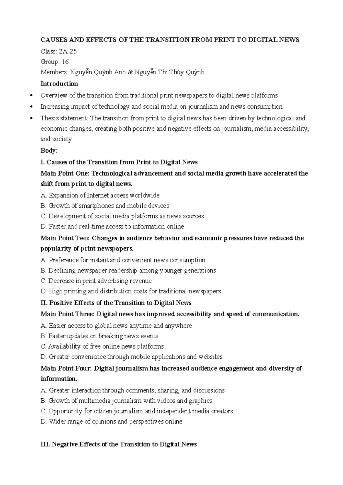 CAUSES & EFFECTS OF PRINT TO DIGITAL NEWS TRANSITION - Group 16 - Studocu