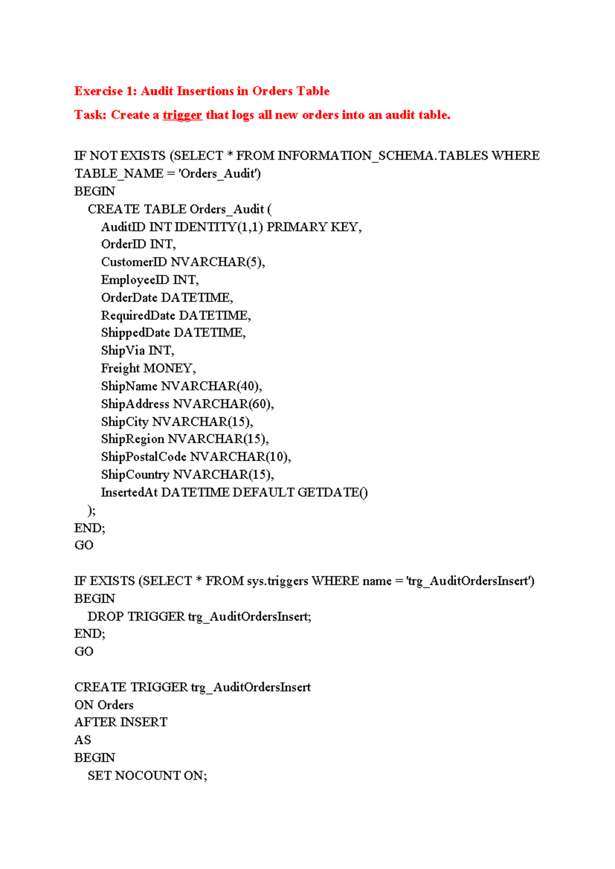 CSDL: Trigger Implementation for Order Management Tasks - Studocu