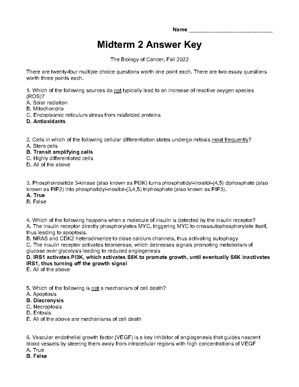 Midterm Exam 2B Answer Key - Biology of Cancer Fall 2022 - Studocu