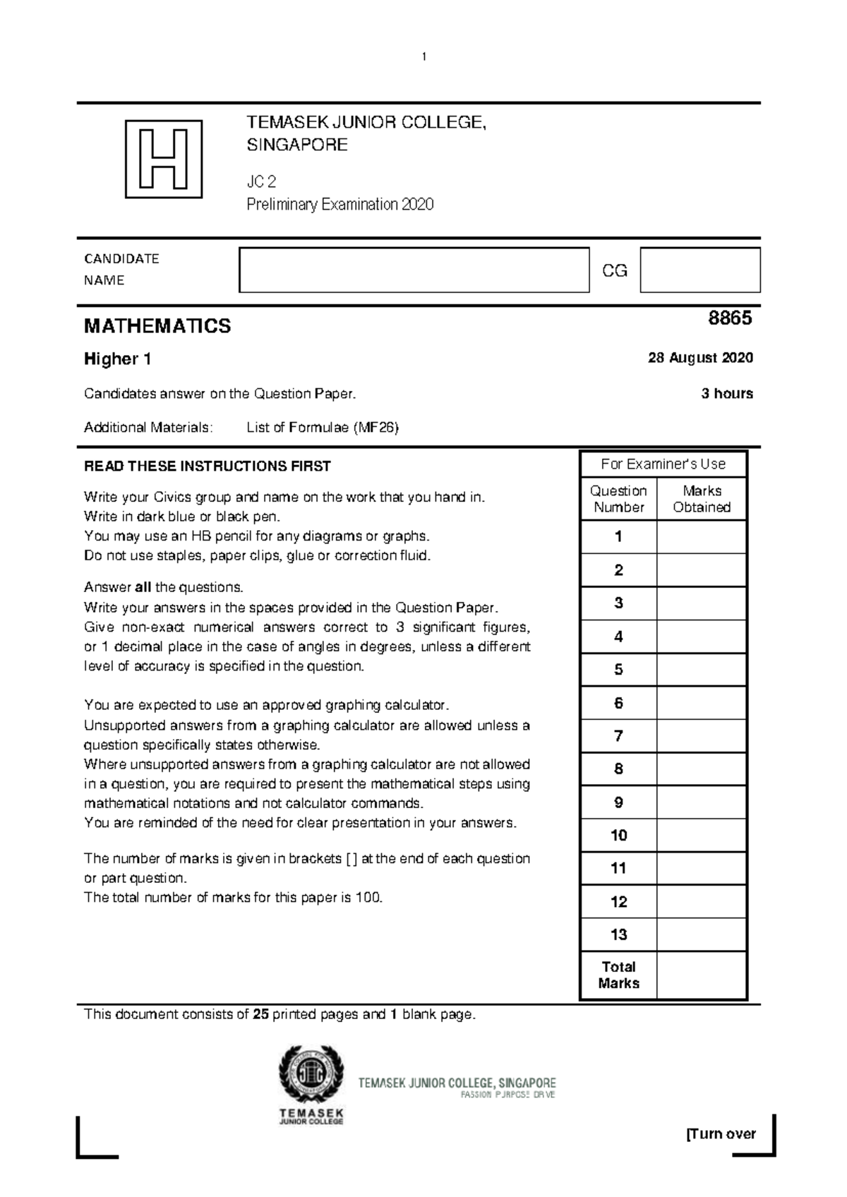 2020 JC2 H1 Math Prelim Solutions & Commentaries (8865) - Studocu