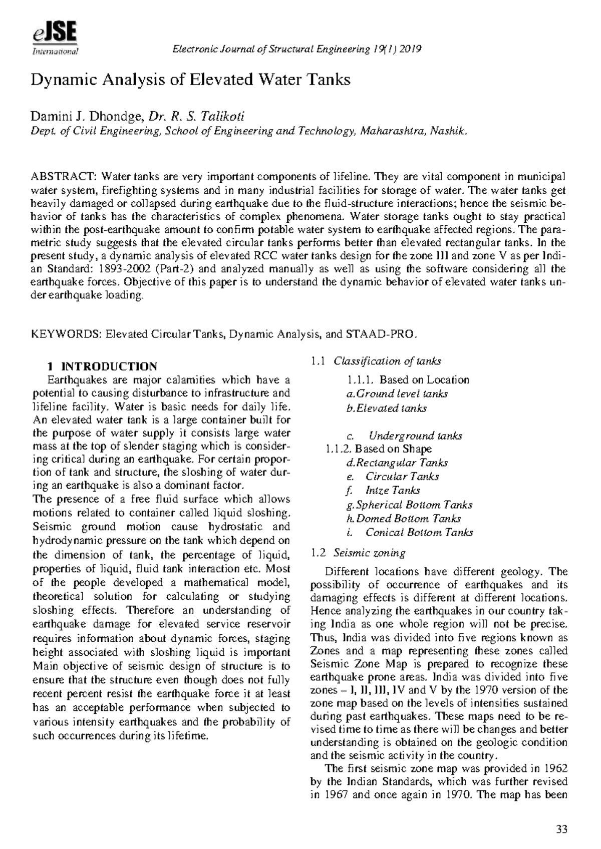 Dynamic Analysis of Elevated Water Tanks: Seismic Behavior Study - Studocu