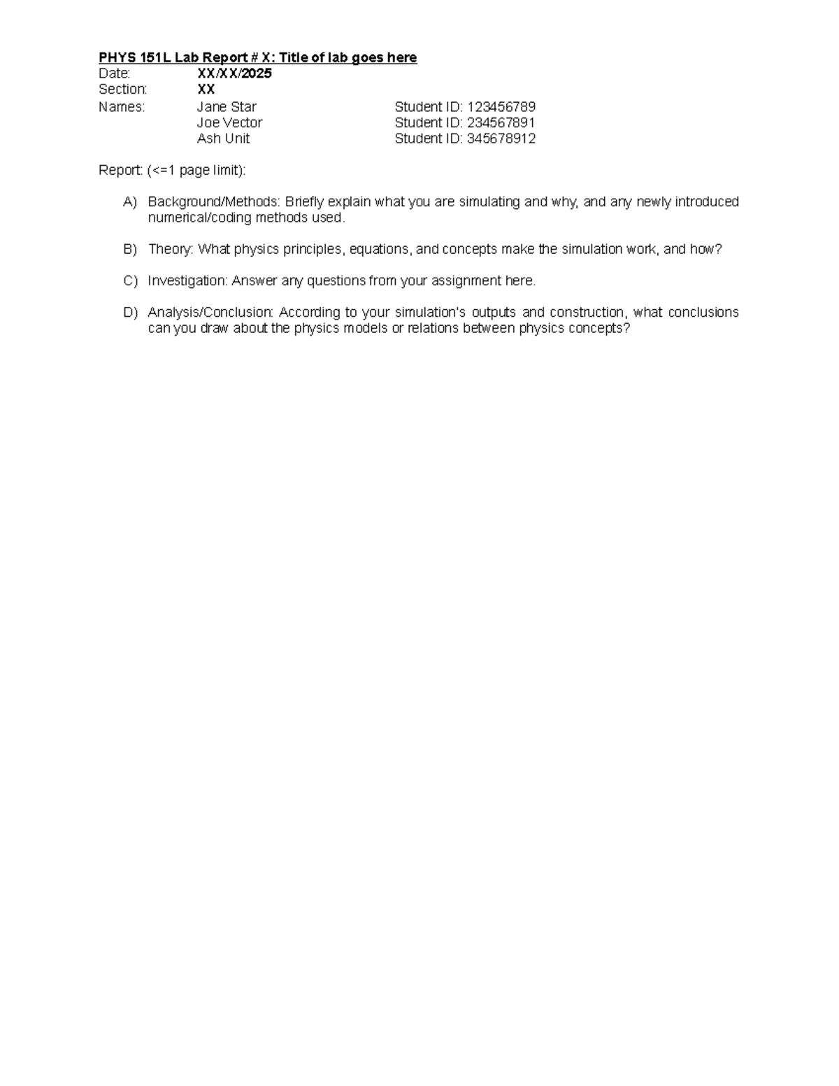 PHYS 151L Lab Report Template: Simulation and Analysis Guide - Studocu