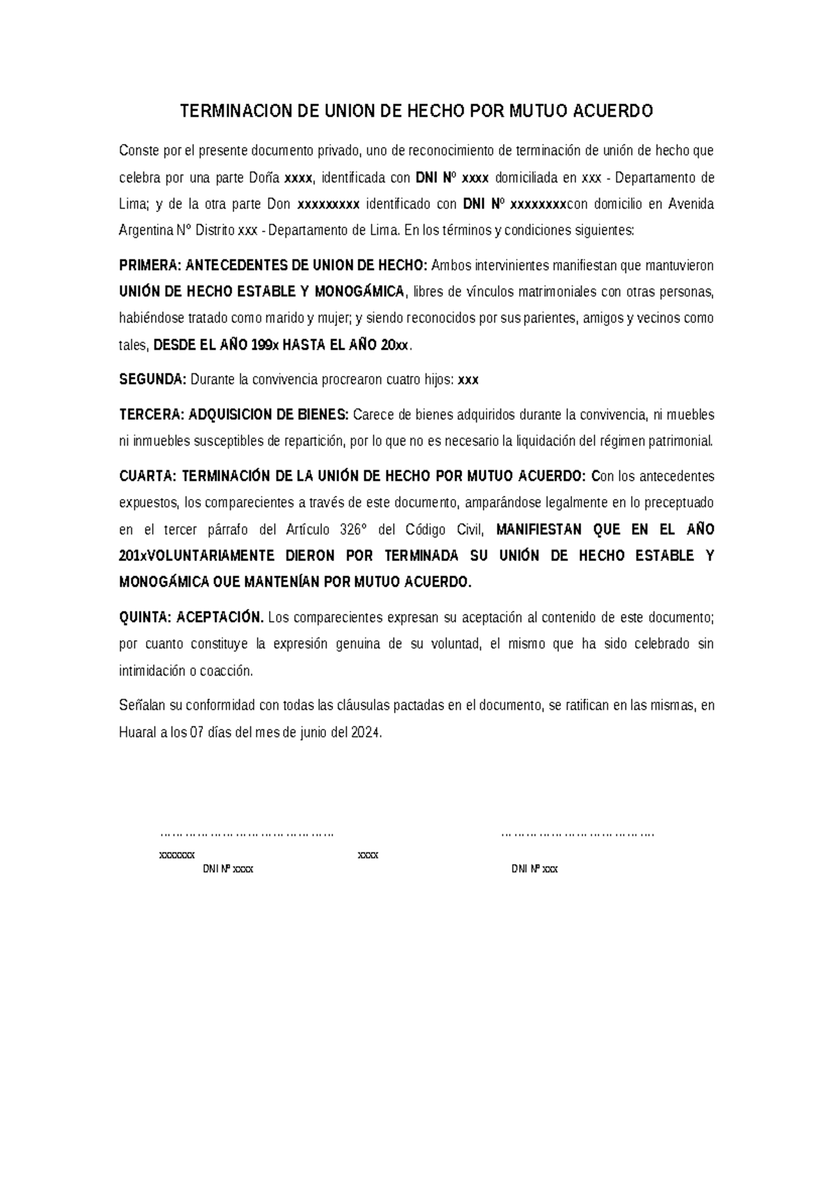 Terminación de Unión de Hecho por Mutuo Acuerdo - Doc 1 - Studocu