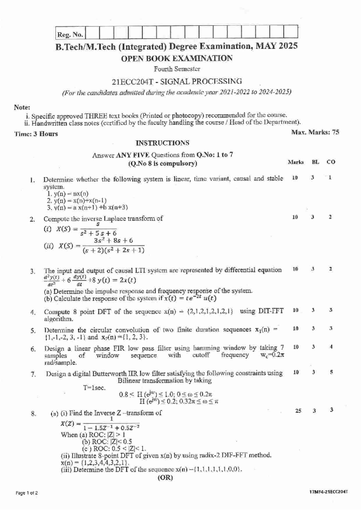 May 2025 QB: Important Questions for 21ECC204T Signal Processing - Studocu