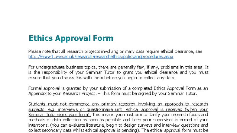 BPIT Seminar 6 - Ethics Approval Form for Research Projects - Studocu