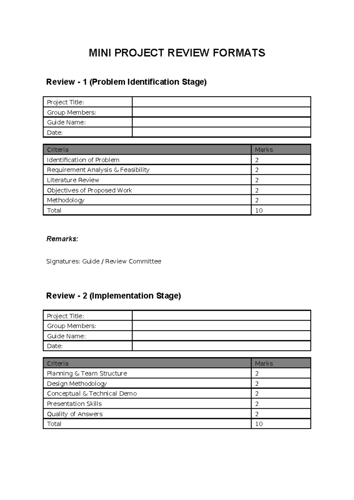 Mini Project Review Formats - MINI PROJECT REVIEW FORMATS Review - 1 ...