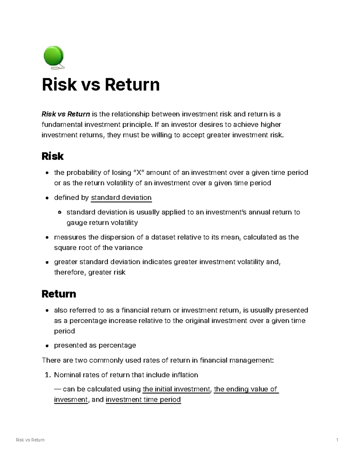 Risk vs Return: Key Finance Notes on Investment Principles - Studocu