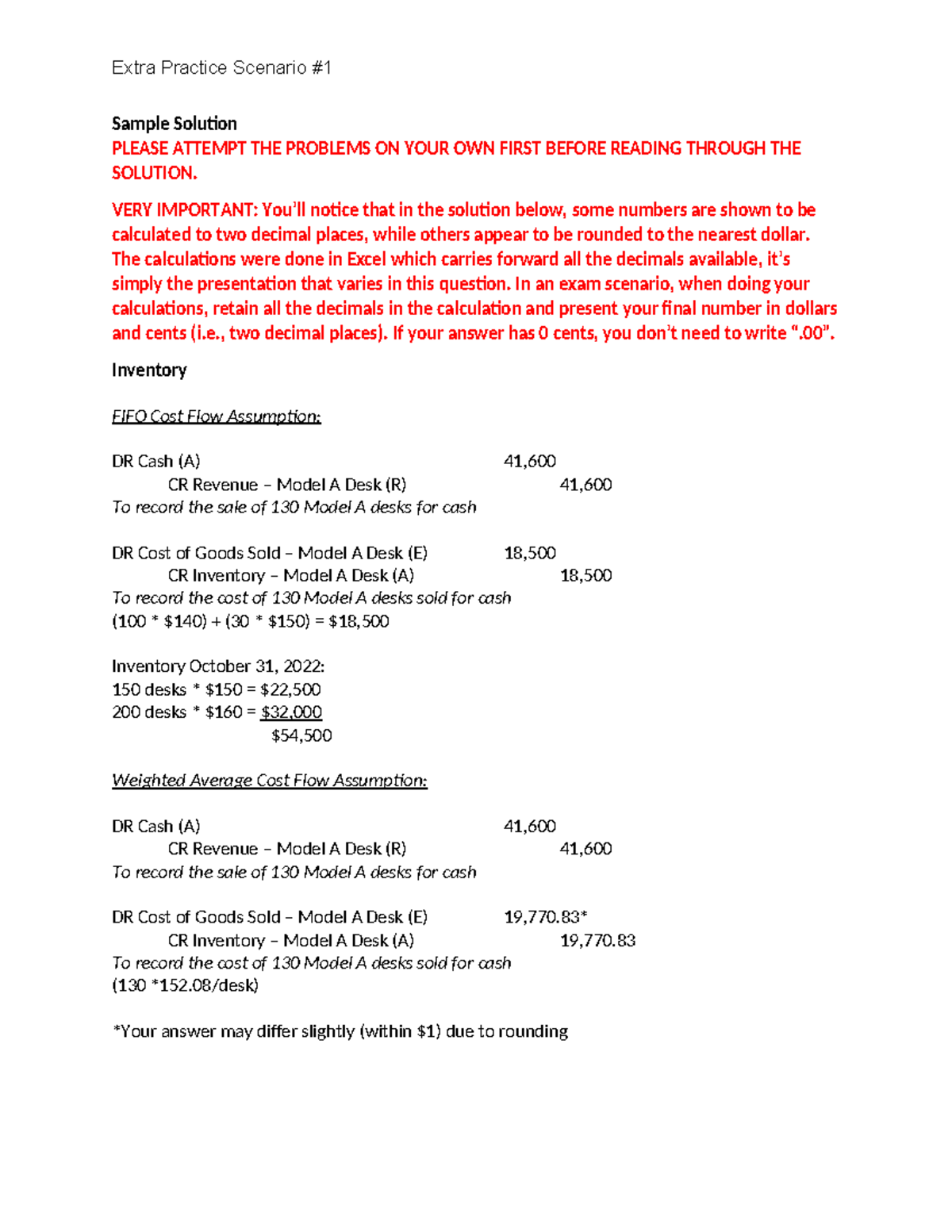 Extra Practice Scenario 1 - Inventory & Cash (Solution) - Sample ...