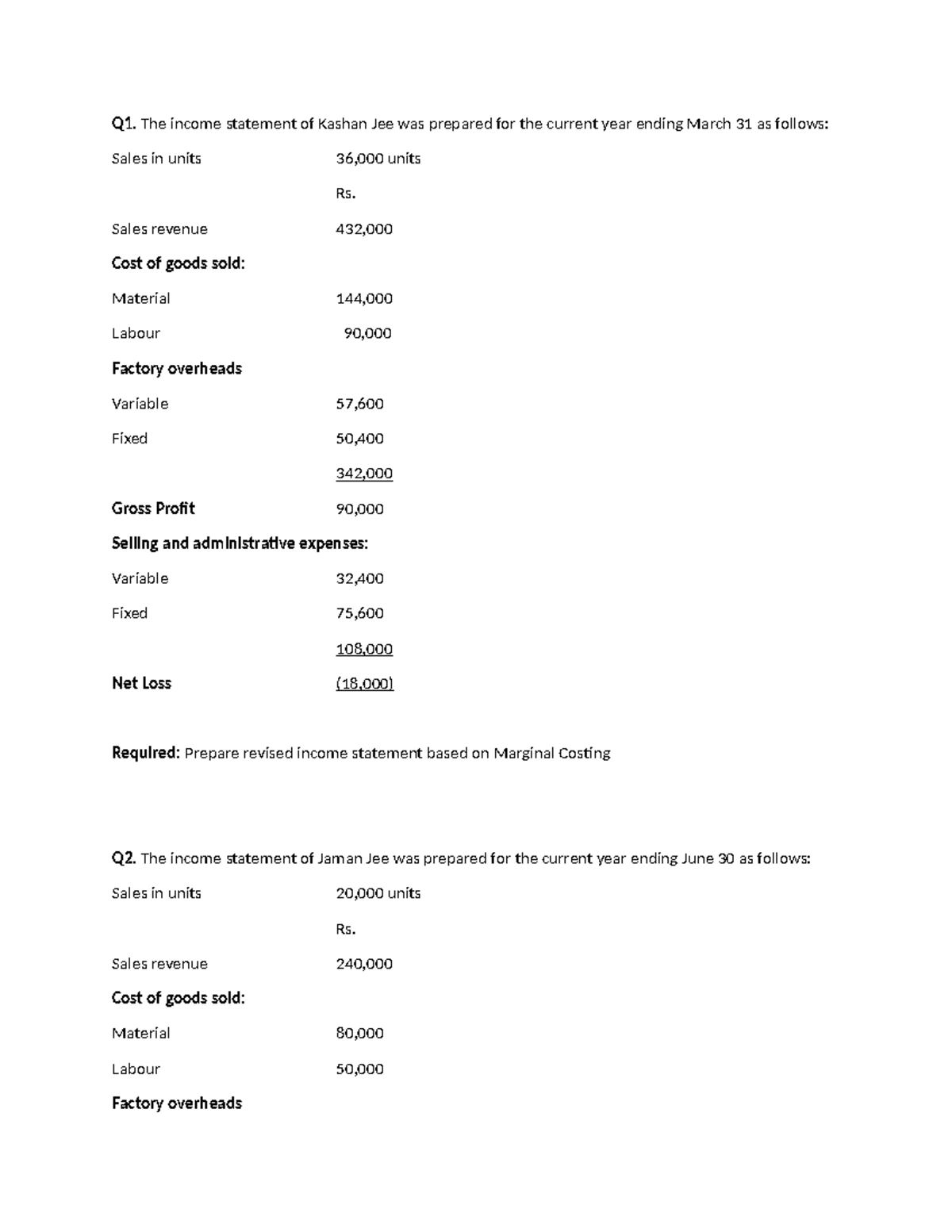 Revised Income Statement Analysis for Marginal Costing (Q1 & Q2) - Studocu