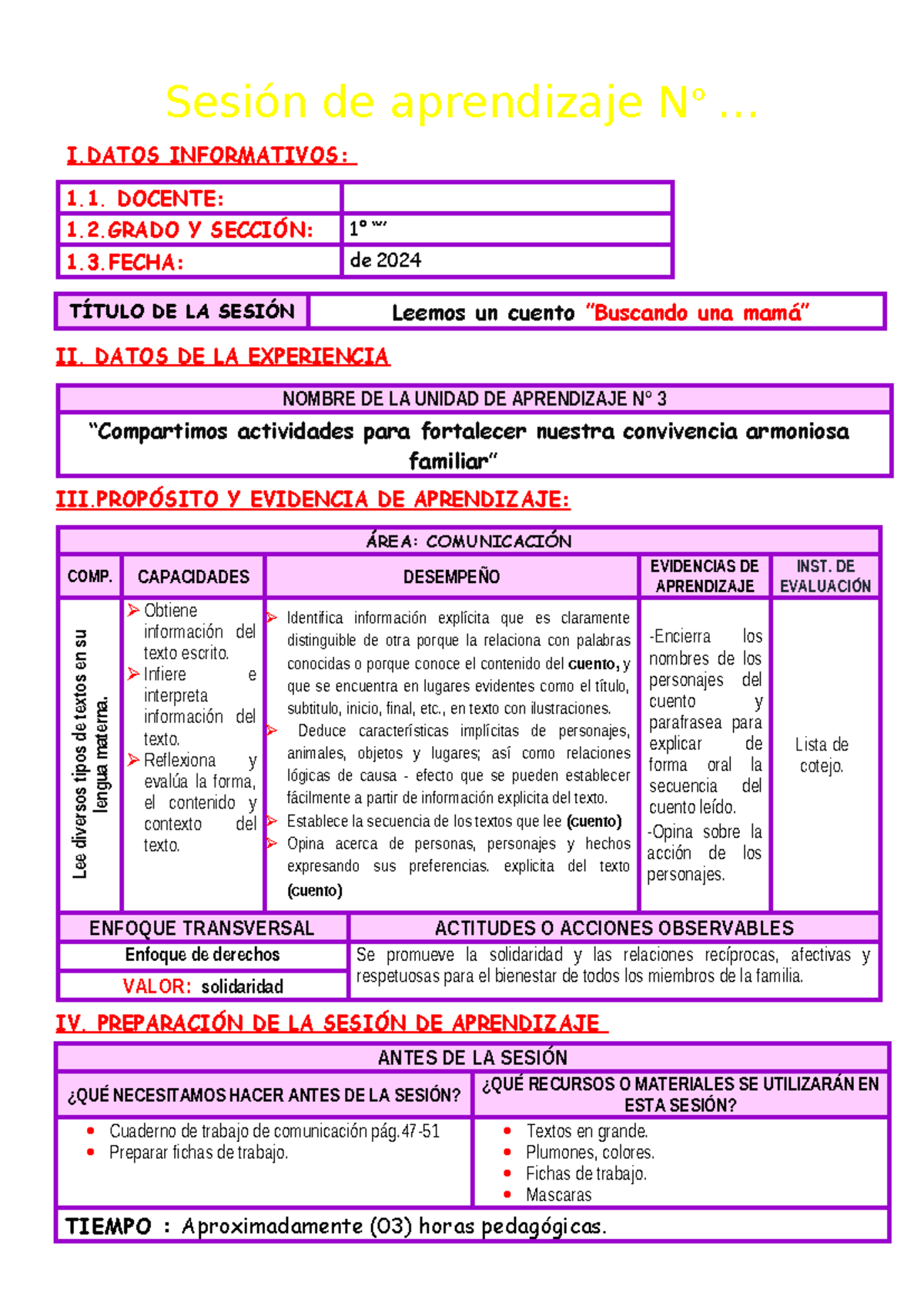 Sesión de Aprendizaje N° 3: Leemos el Cuento “Buscando una Mamá” - Document Preview