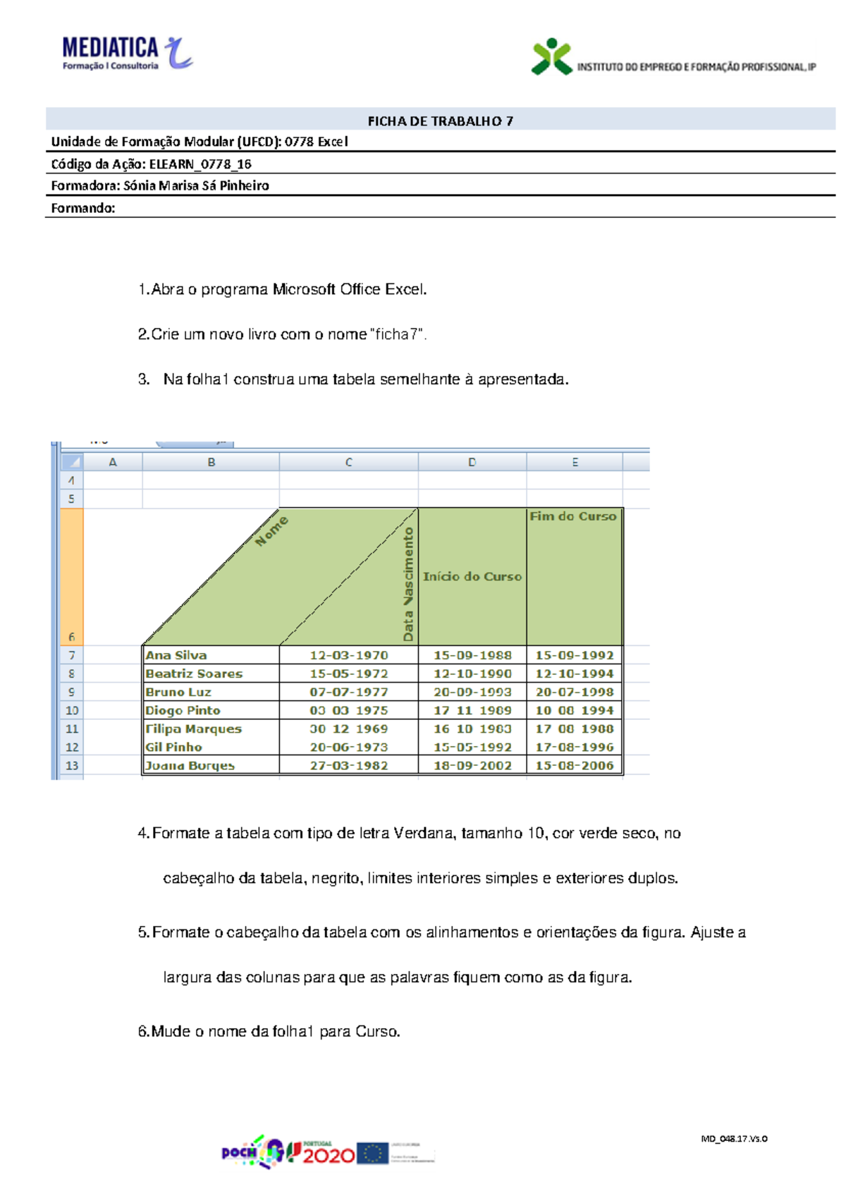 Ficha Trabalho 7 - Exercícios de Excel para UFCD 0778 - Document Preview