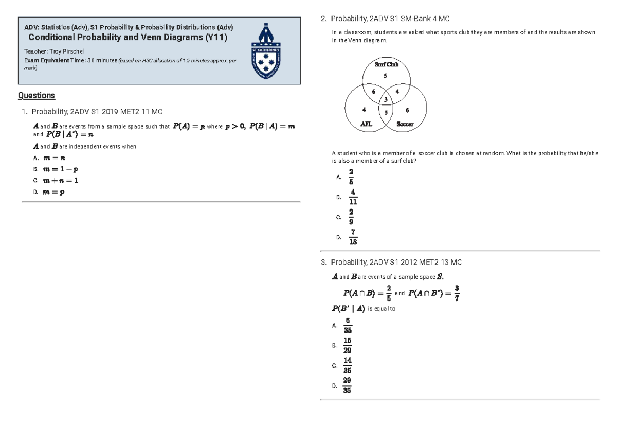 Probability Distributions & Conditional Probability - 2ADV S1 - Studocu