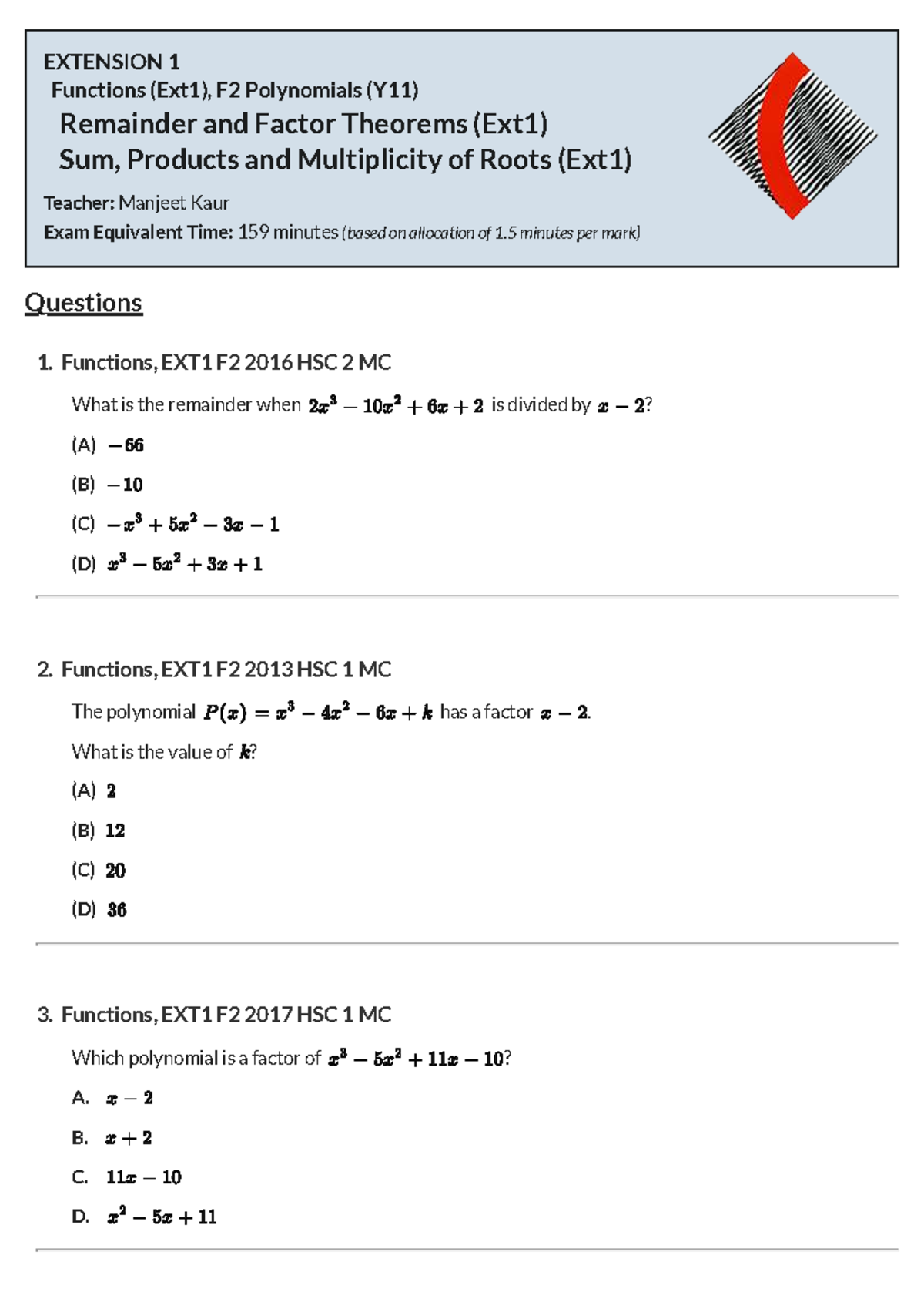 Functions EXT1 F2 Polynomials: Remainder & Factor Theorems Exam Prep ...