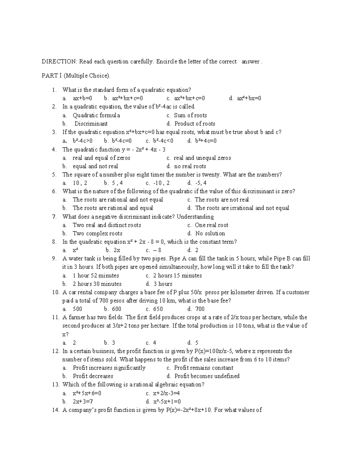 TQs - Test questionnaire - DIRECTION: Read each question carefully ...