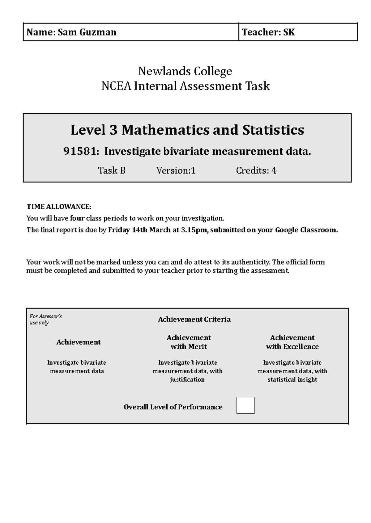 Level 3 Mathematics & Stats 91581: Bivariate Data Investigation Report ...