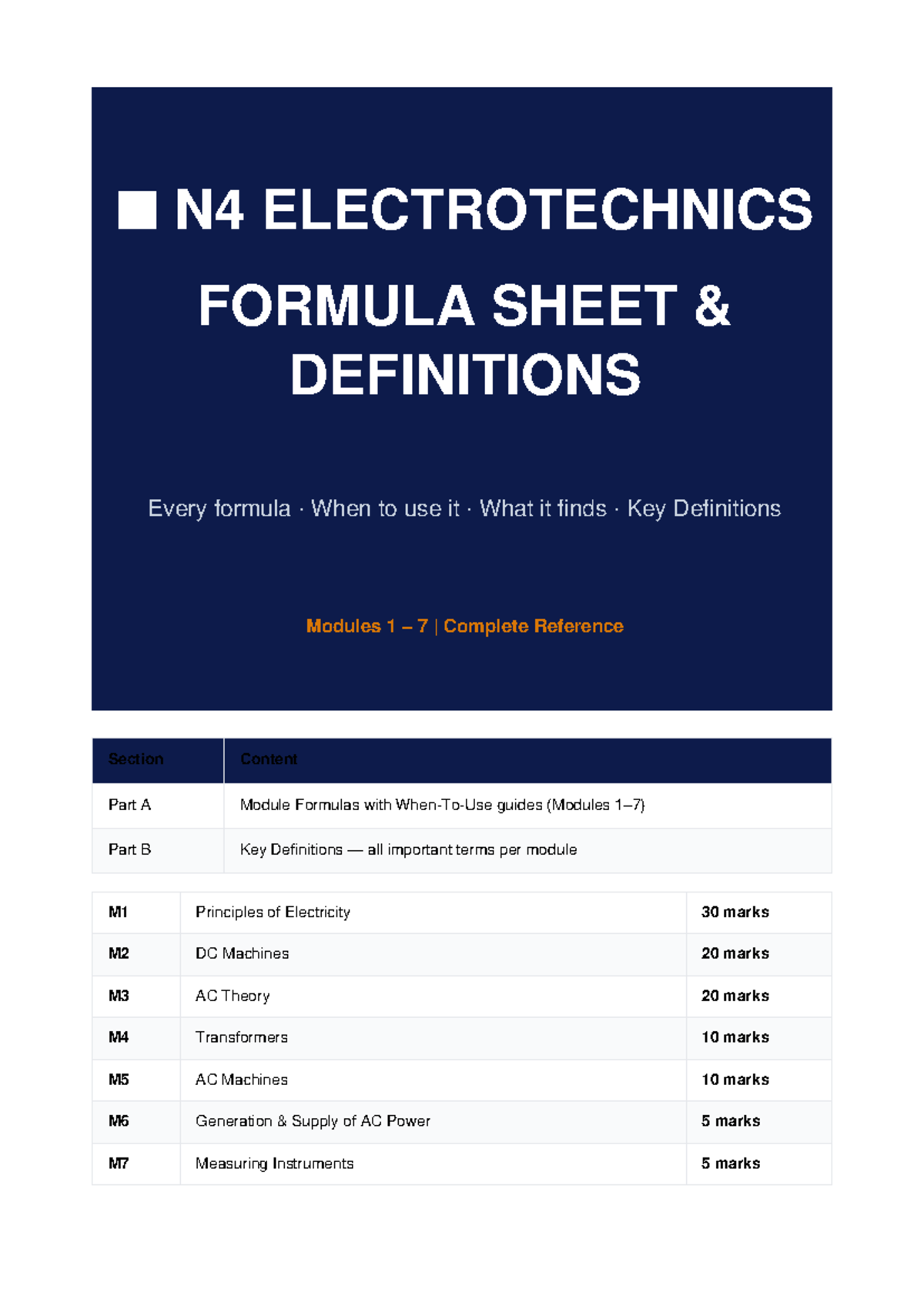 N4 ELECTROTECHNICS FORMULA SHEET & KEY DEFINITIONS - Studocu