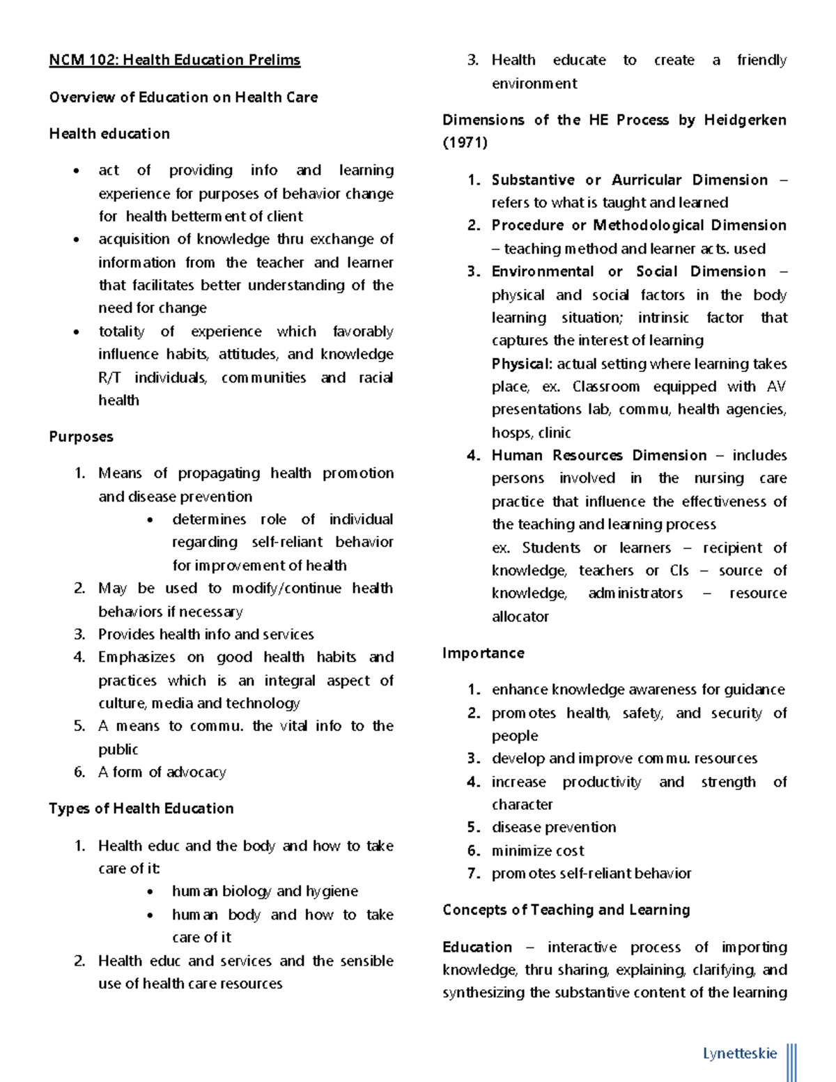 NCM 102: Health Education Prelims - Key Concepts and Theories - Studocu