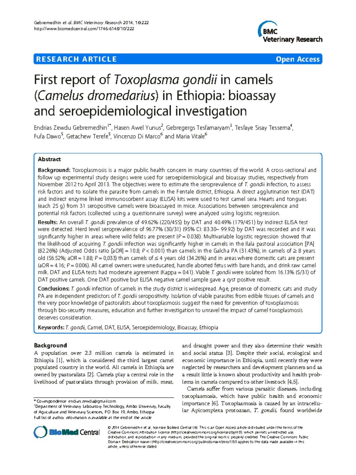 Ethiopia Toxoplasma Seroepidemiology in Camels: A Study on T. gondii ...