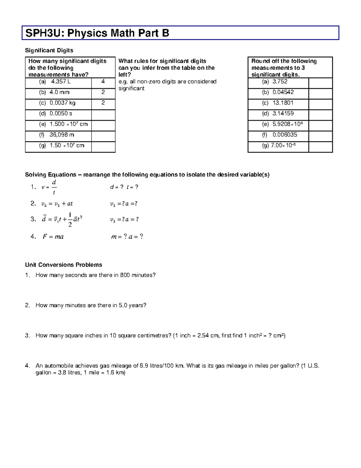 SPH3U: Physics Math Exercises Part B - Significant Digits & Equations ...