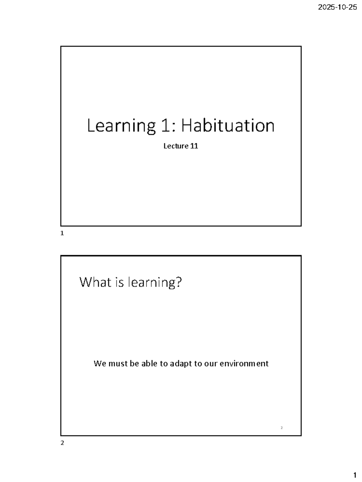Lecture 11: Habituation in Learning 1 - Key Concepts and Types - Studocu
