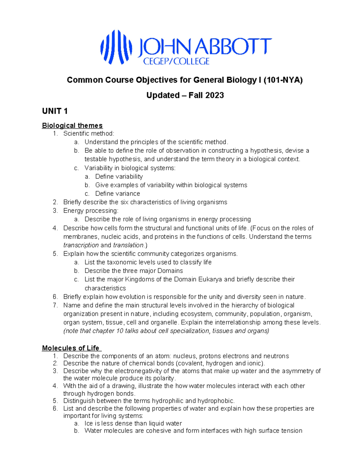 CCO NYA F2023 - Course outline for biology - Common Course Objectives ...
