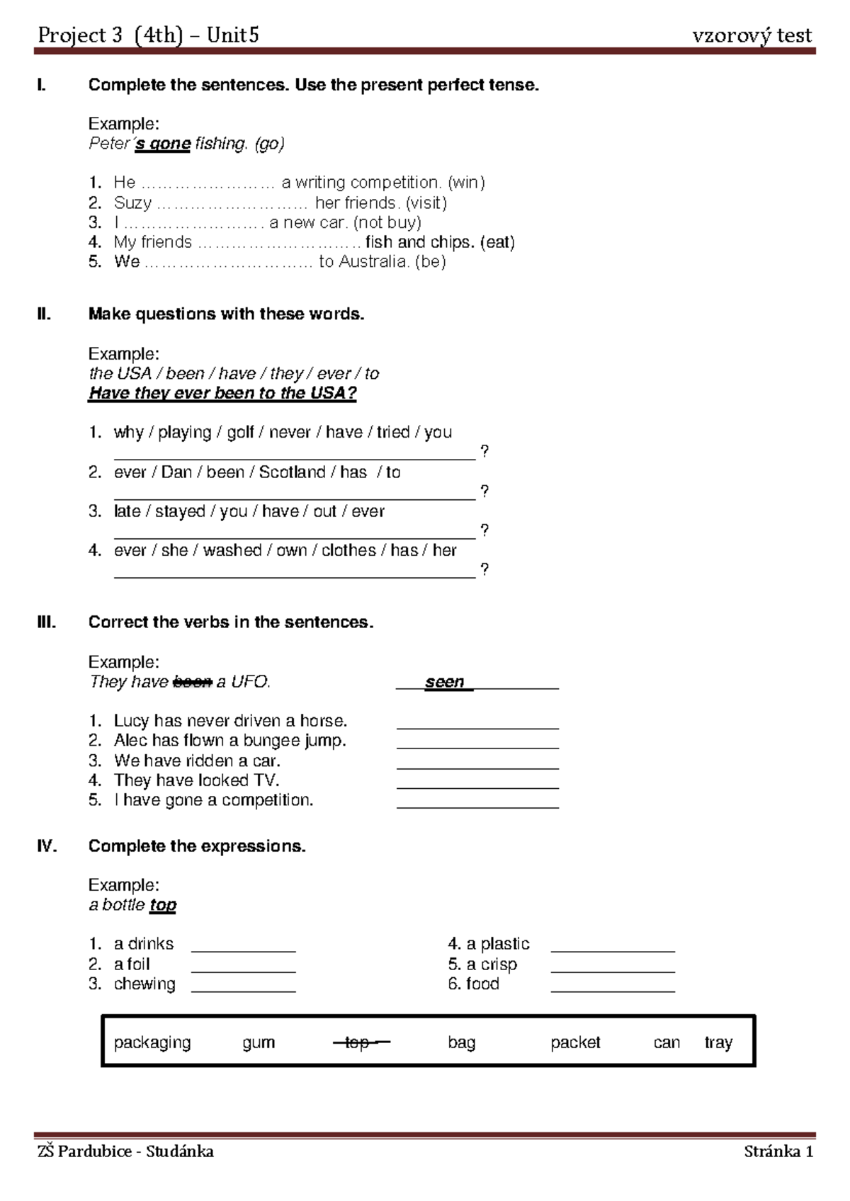 Project 3 (4th) Unit 5: Present Perfect Tense Practice Test - Studocu