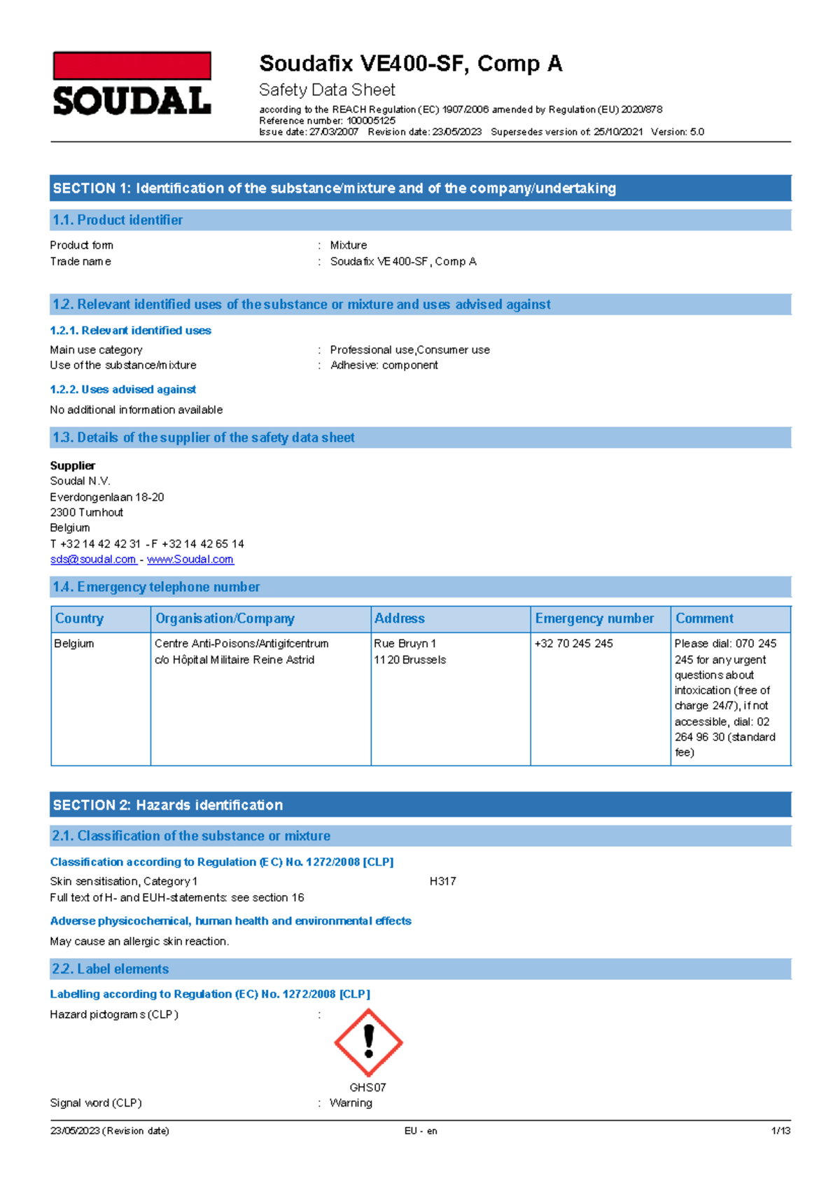 Soudafix Comp A Safety Data Sheet (SDS) - REACH Regulation Compliance ...