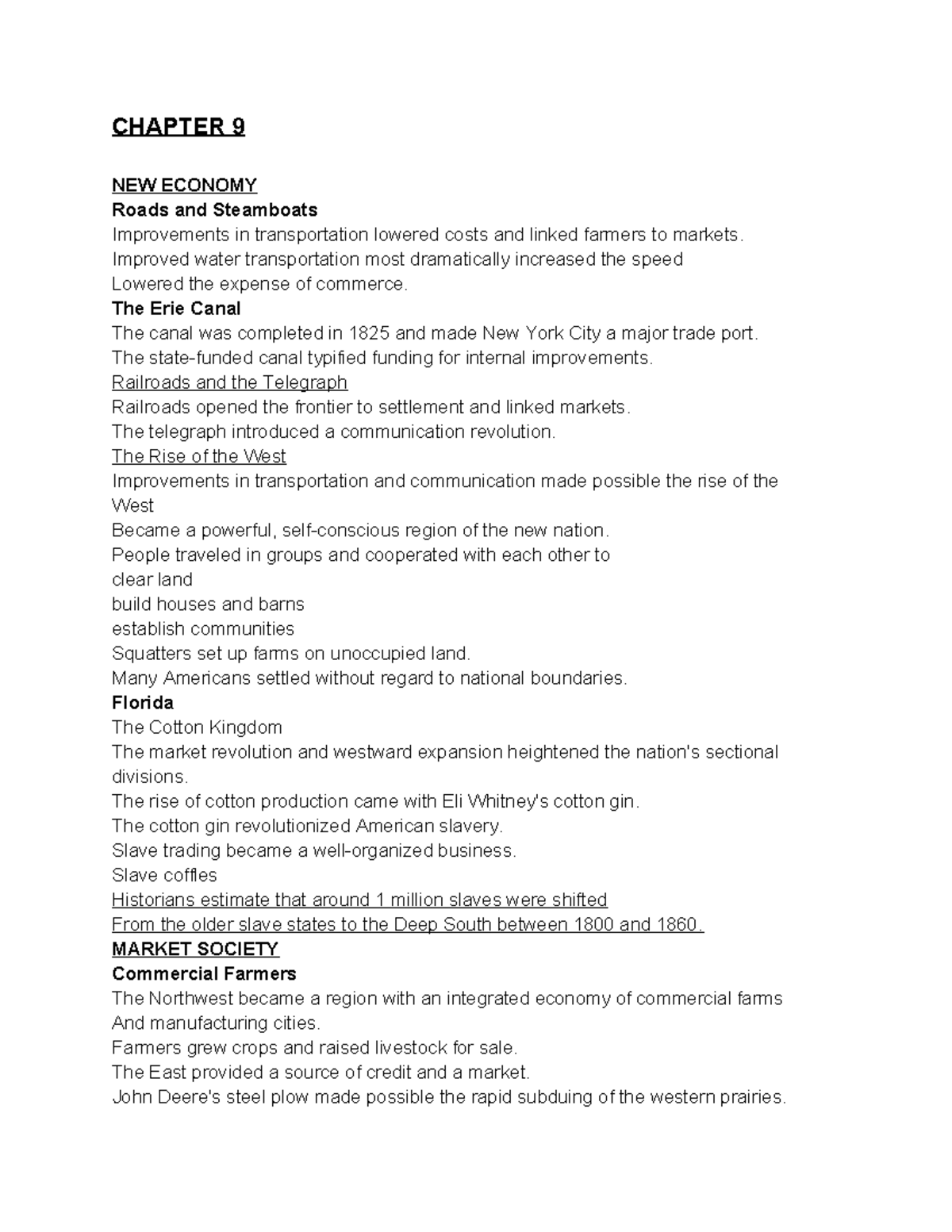APUSH - Chapter 9: The New Economy and Market Society - Studocu