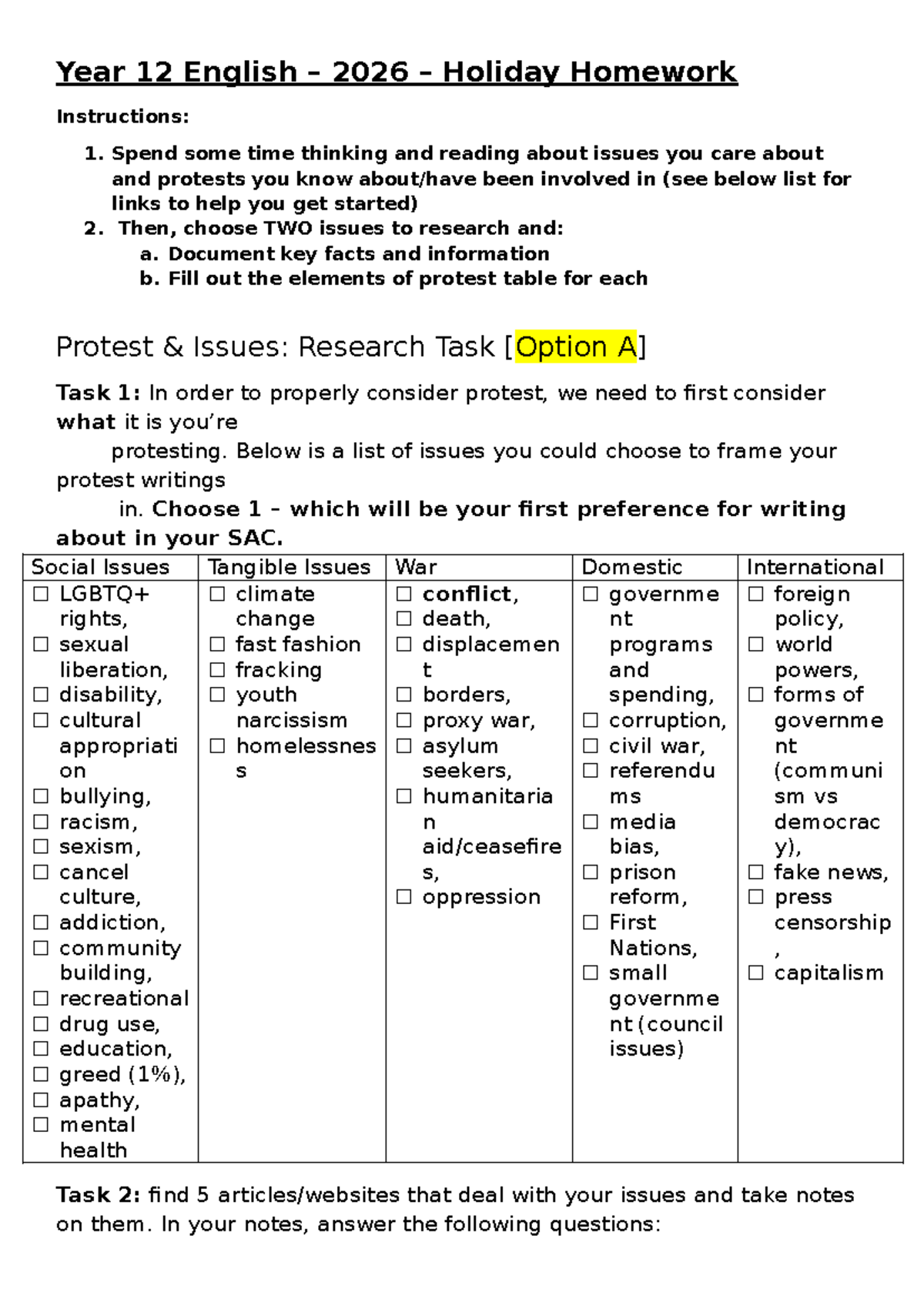 Year 12 English 2026 Holiday Homework: Protest Issues Research Task ...