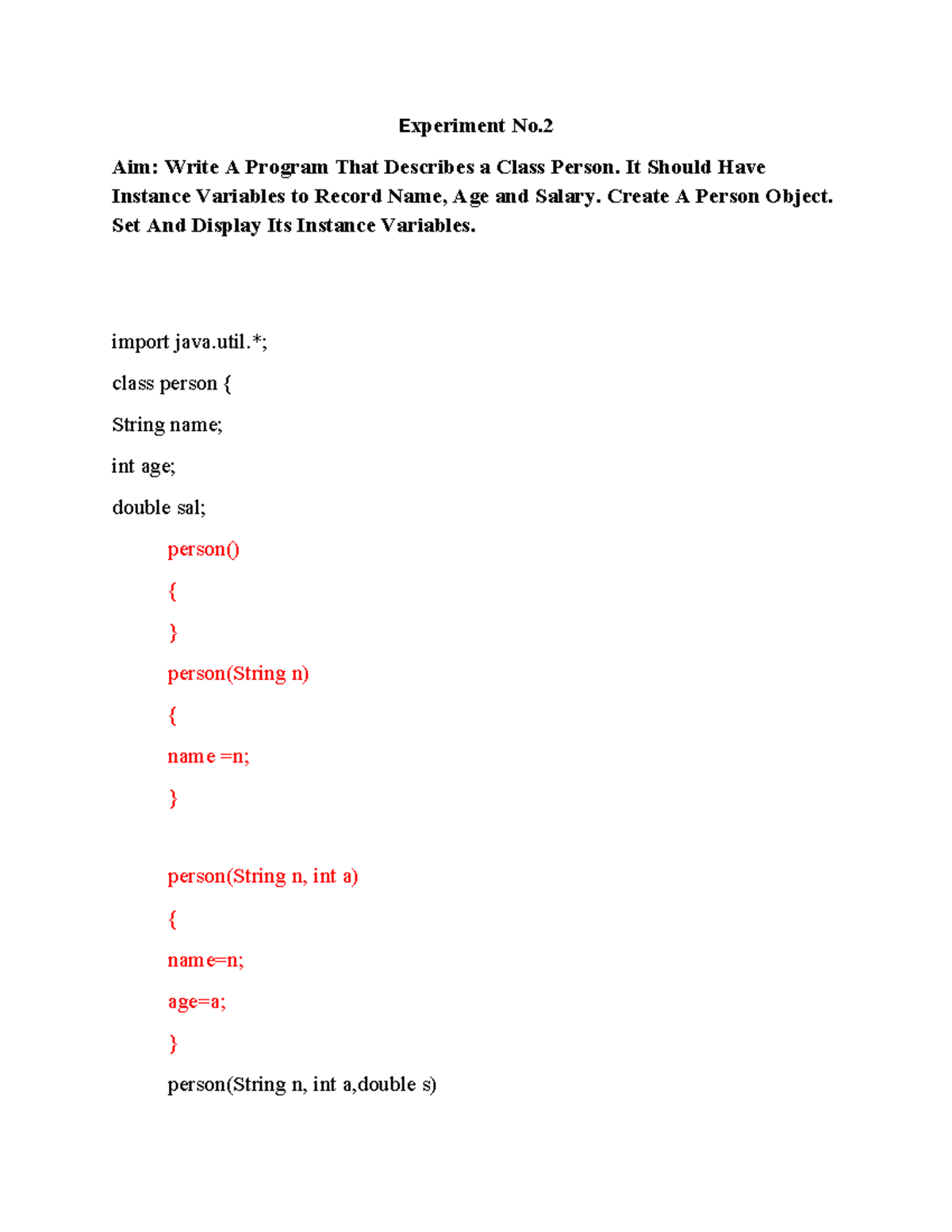 CS101 Experiment No. 3: Class Person Implementation in Java - Studocu