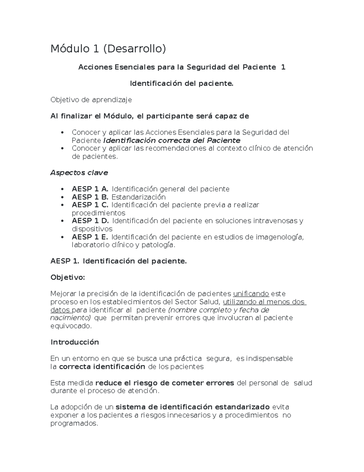 Acciones Esenciales para la Seguridad del Paciente: Módulo 1 AESP 1 ...