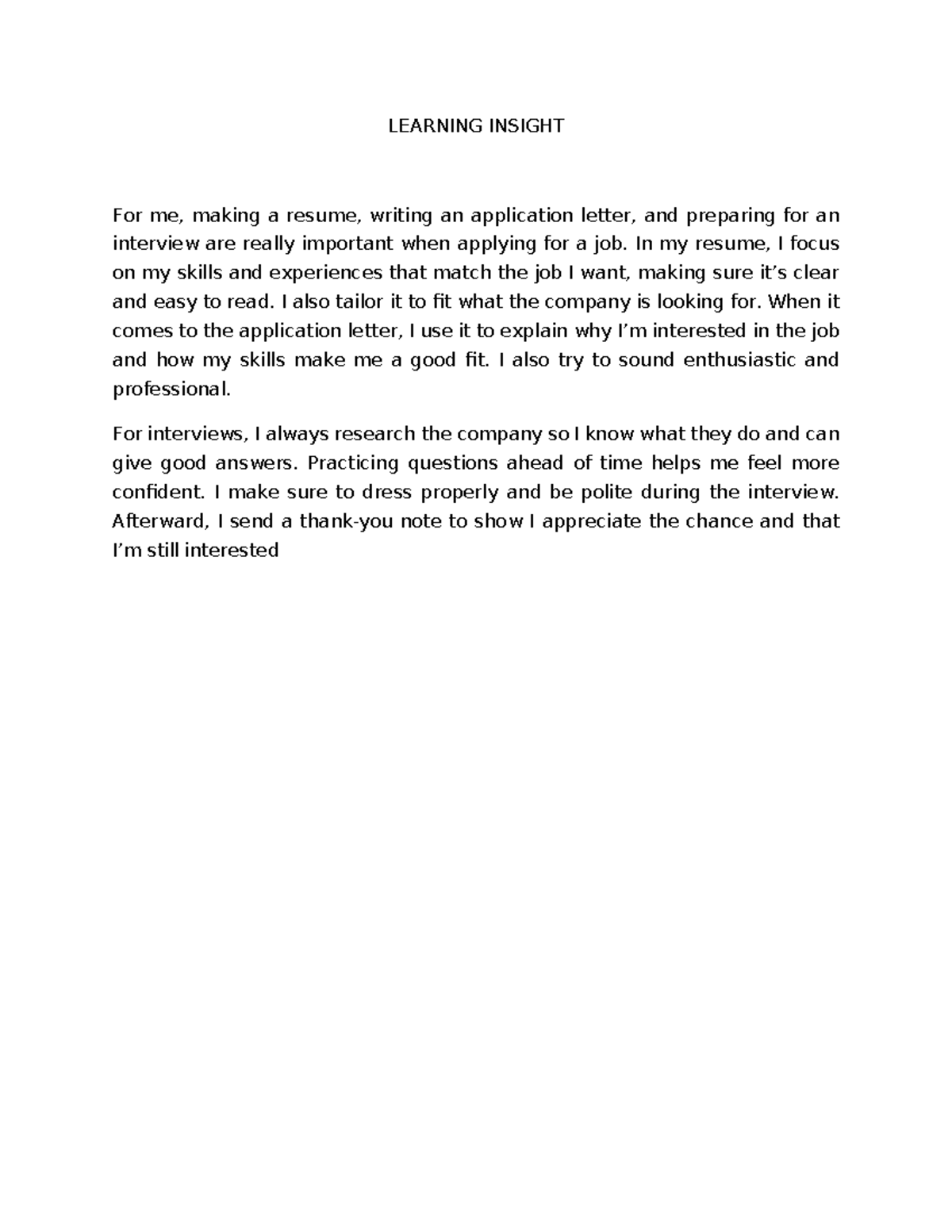 Learning- Insigh - non3 - LEARNING INSIGHT For me, making a resume ...