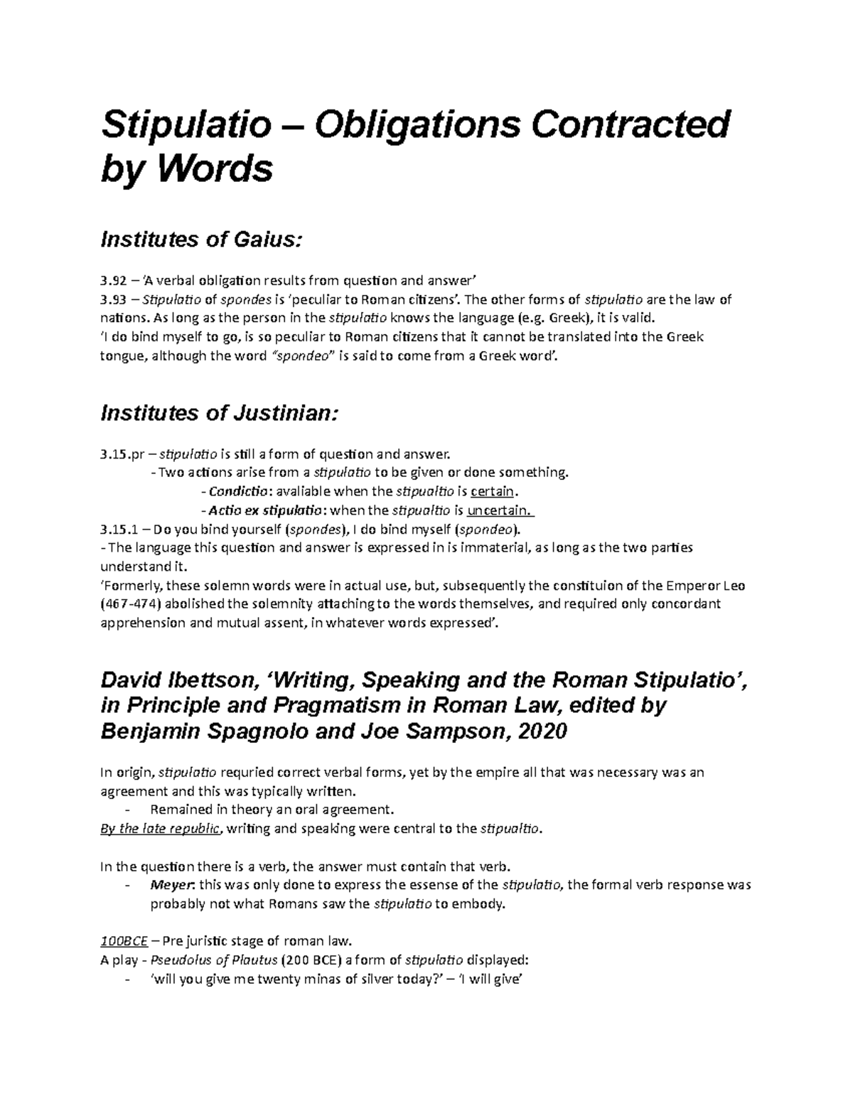 Stipulatio Notes for Roman Law: Understanding Obligations by Words ...