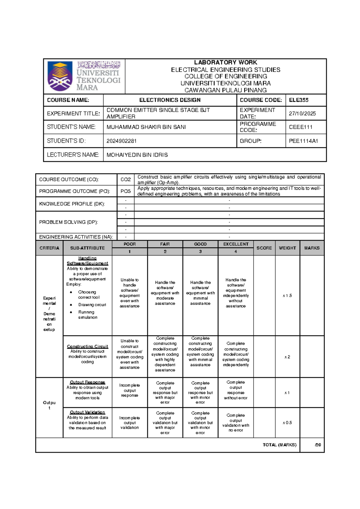 ELE355 Lab 1: Common Emitter BJT Amplifier Experiment Report - Studocu