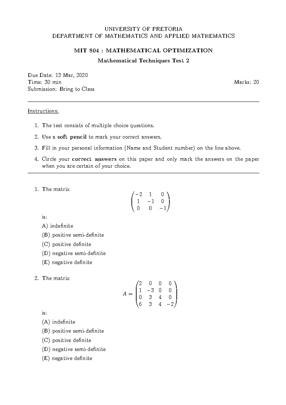 MIT 804: Mathematical Techniques Test 2 - Optimization Questions - Studocu
