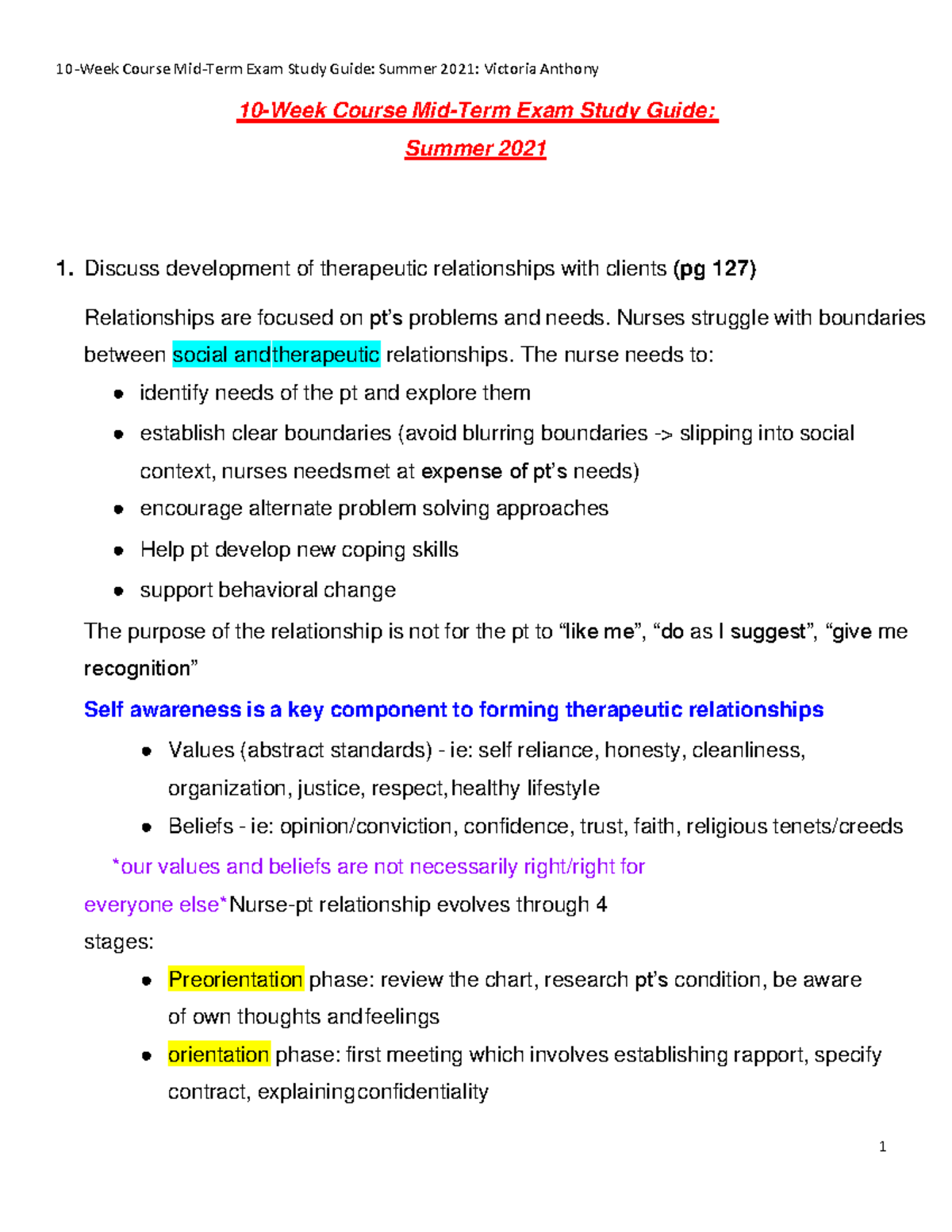 10-Week Course Mid-Term Study Guide for Nursing Practice (Summer 2021 ...