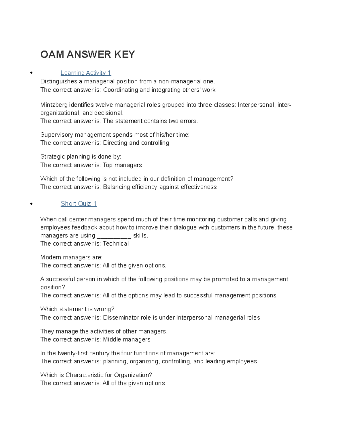 Organization and management WEEK 1-10 answer key - Business and ...