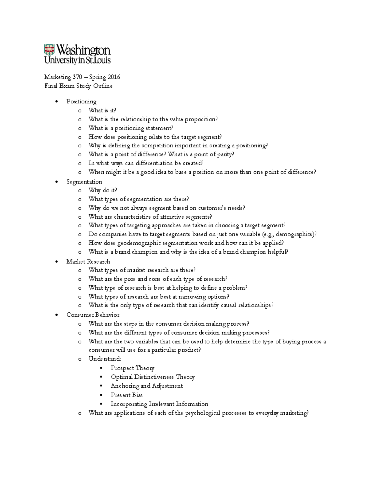 Lecture Notes, Lectures 1-14, Final Study Guide - Marketing 370 Spring ...