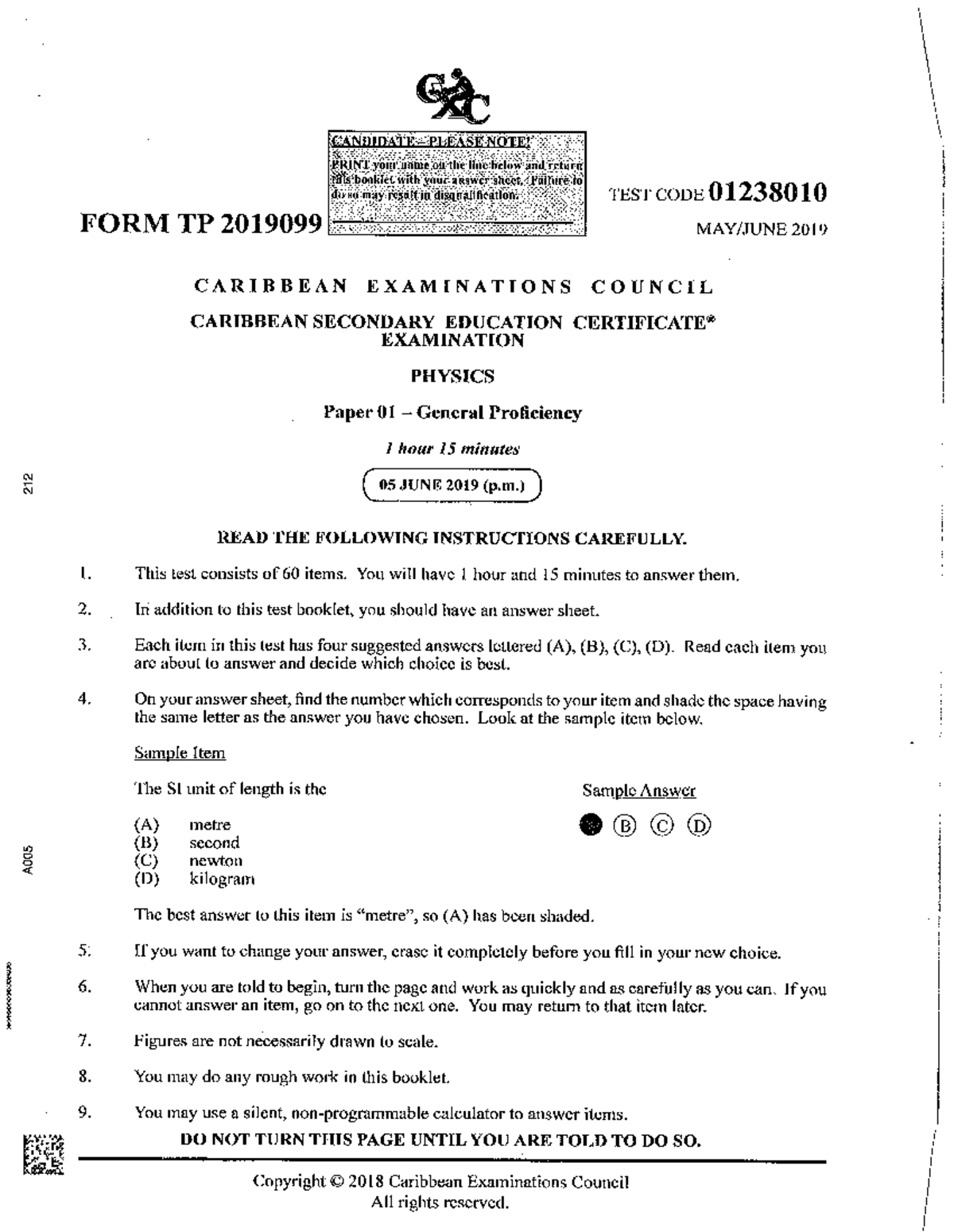 CSEC Physics Paper 01 General Proficiency June 2019 Test Code 01238010 ...