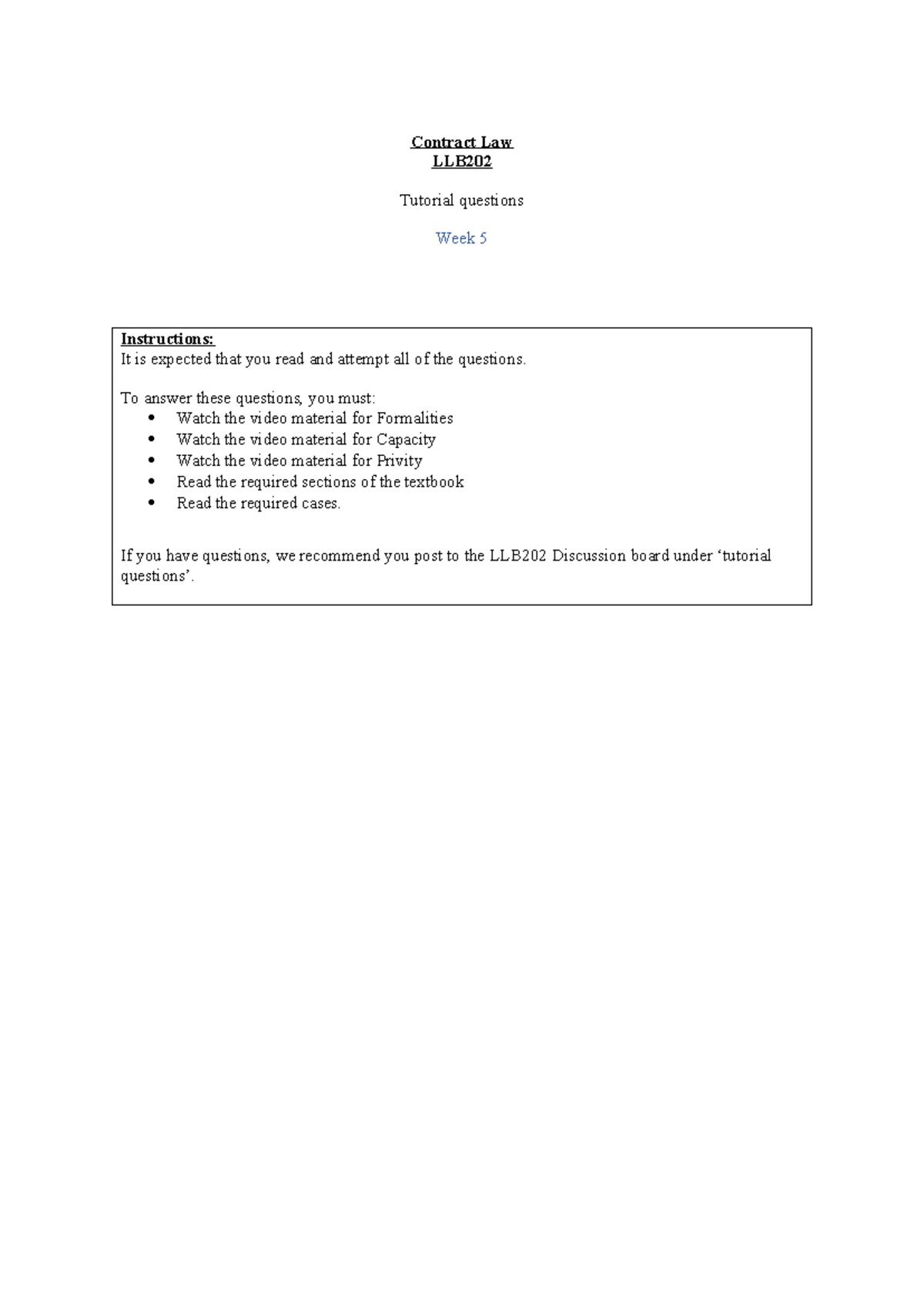 LLB202 Contract Law Week 5 Tutorial Questions and Analysis - Studocu