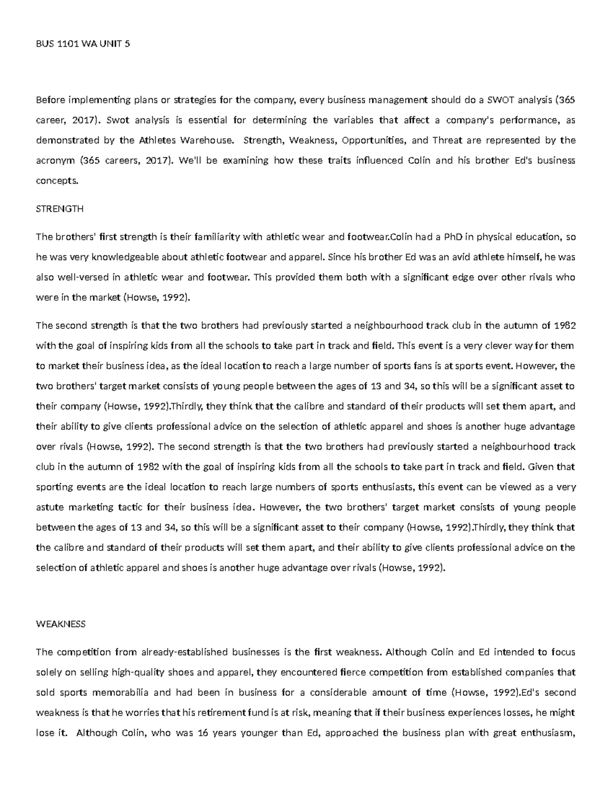 BUS 1101 WA UNIT 5 - SWOT Analysis of Athlete Warehouse Business Plan ...