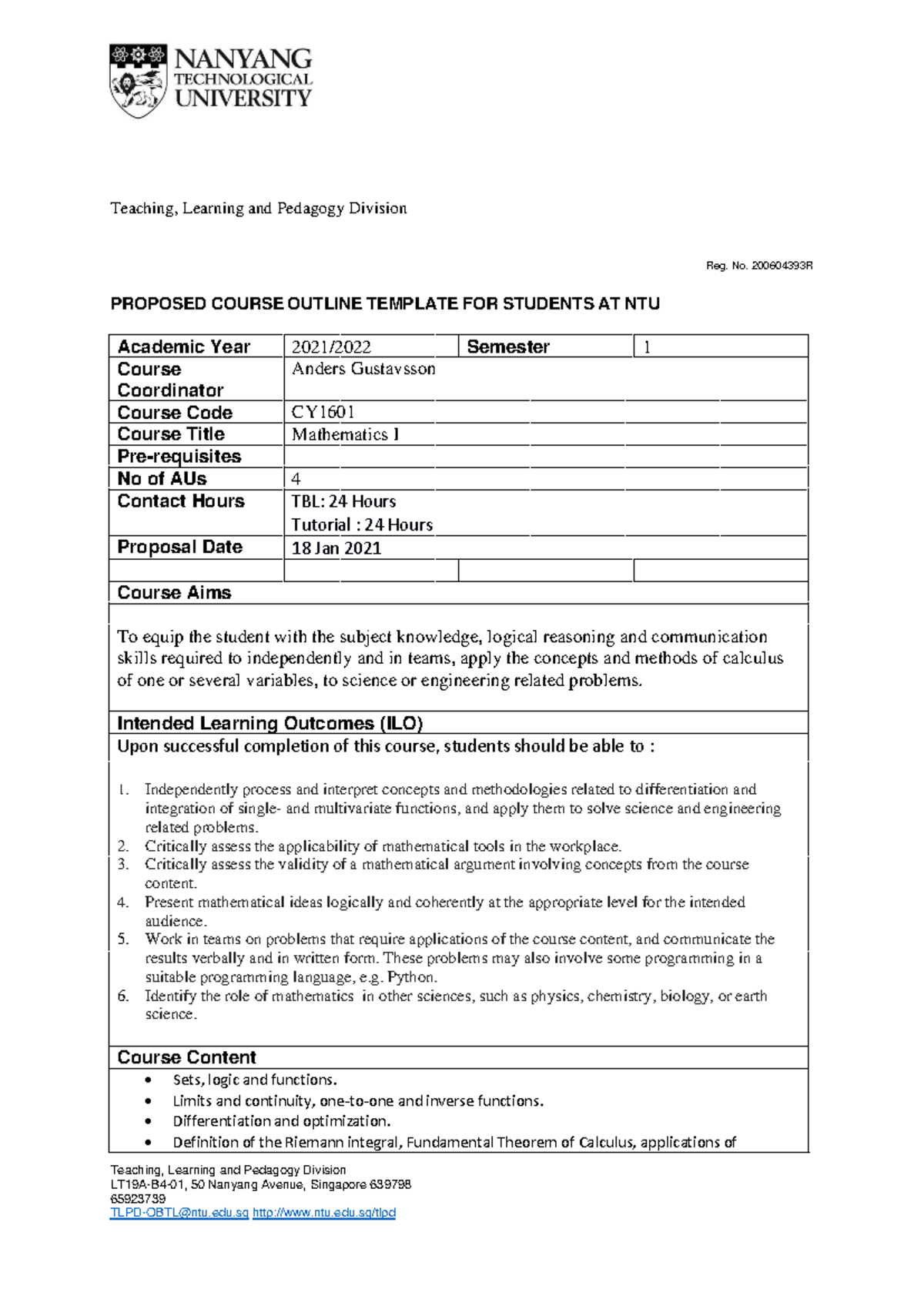 CY1601 Mathematics I - Course Outline and Learning Outcomes - Studocu