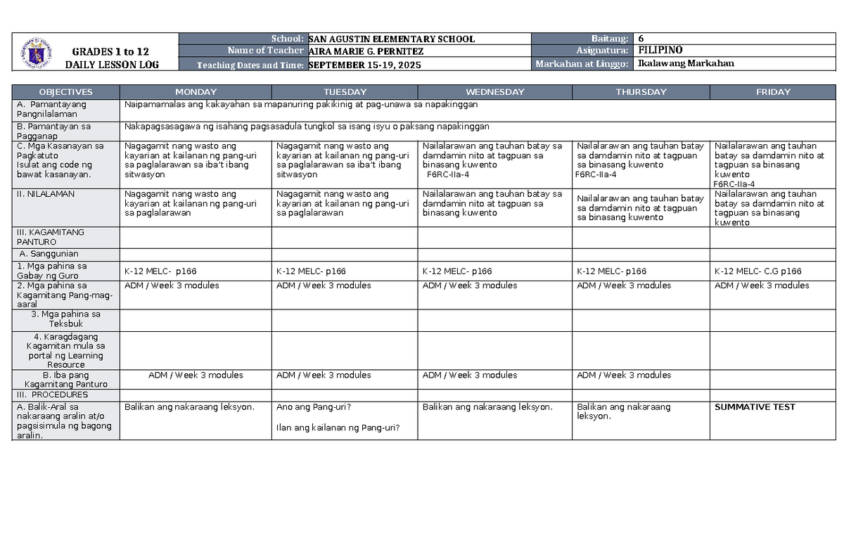 DLL Filipino 6 Q2 W3 - Daily Lesson Log for Grade 6 - Studocu
