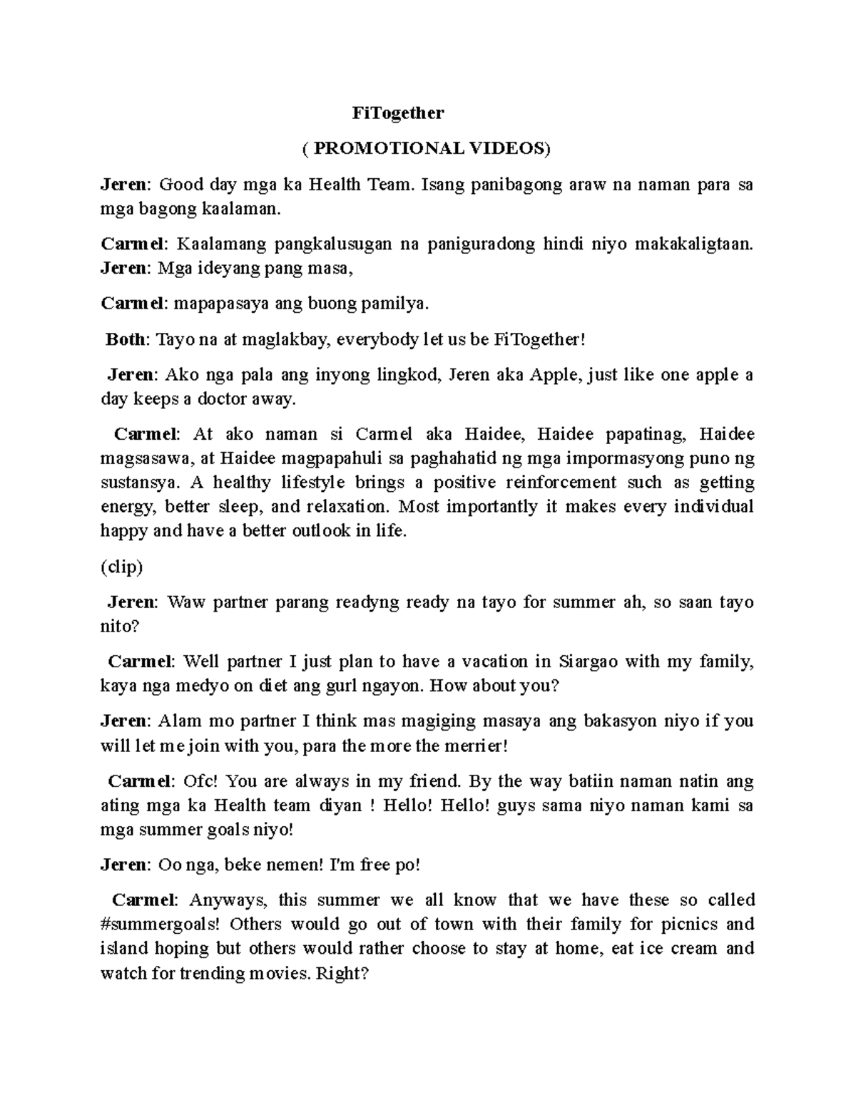 Fi Together Emcee Script for Summer Health Promotion Video - Studocu