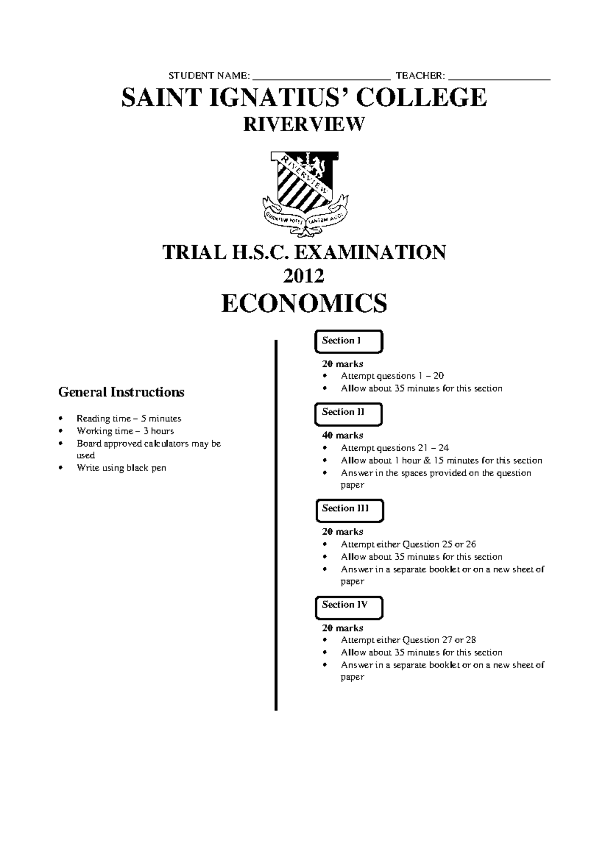 2012 HSC Economics Trial Exam Solutions - Riverview - Studocu