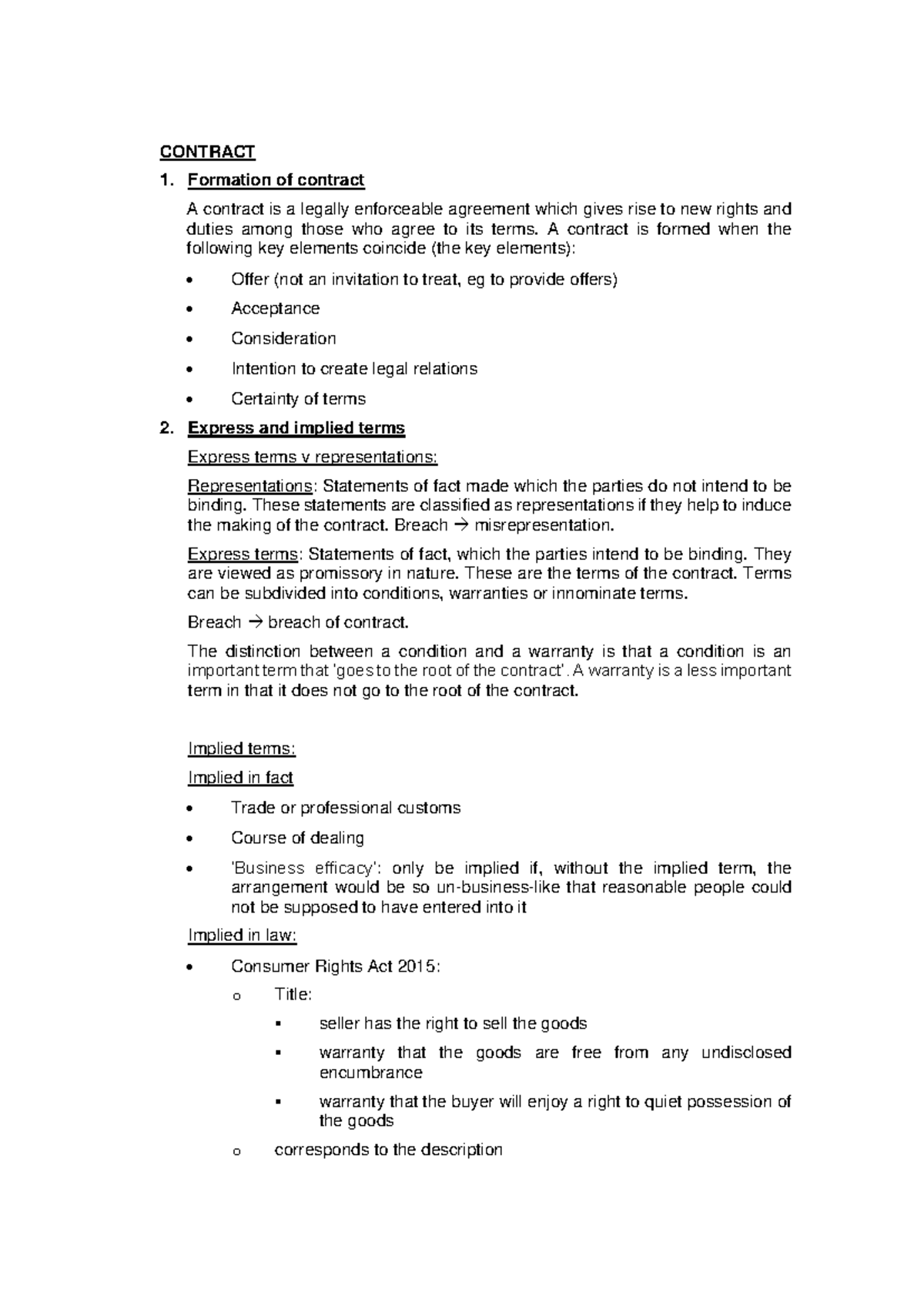 Brief summary of the contract law for last minute revision - Studocu