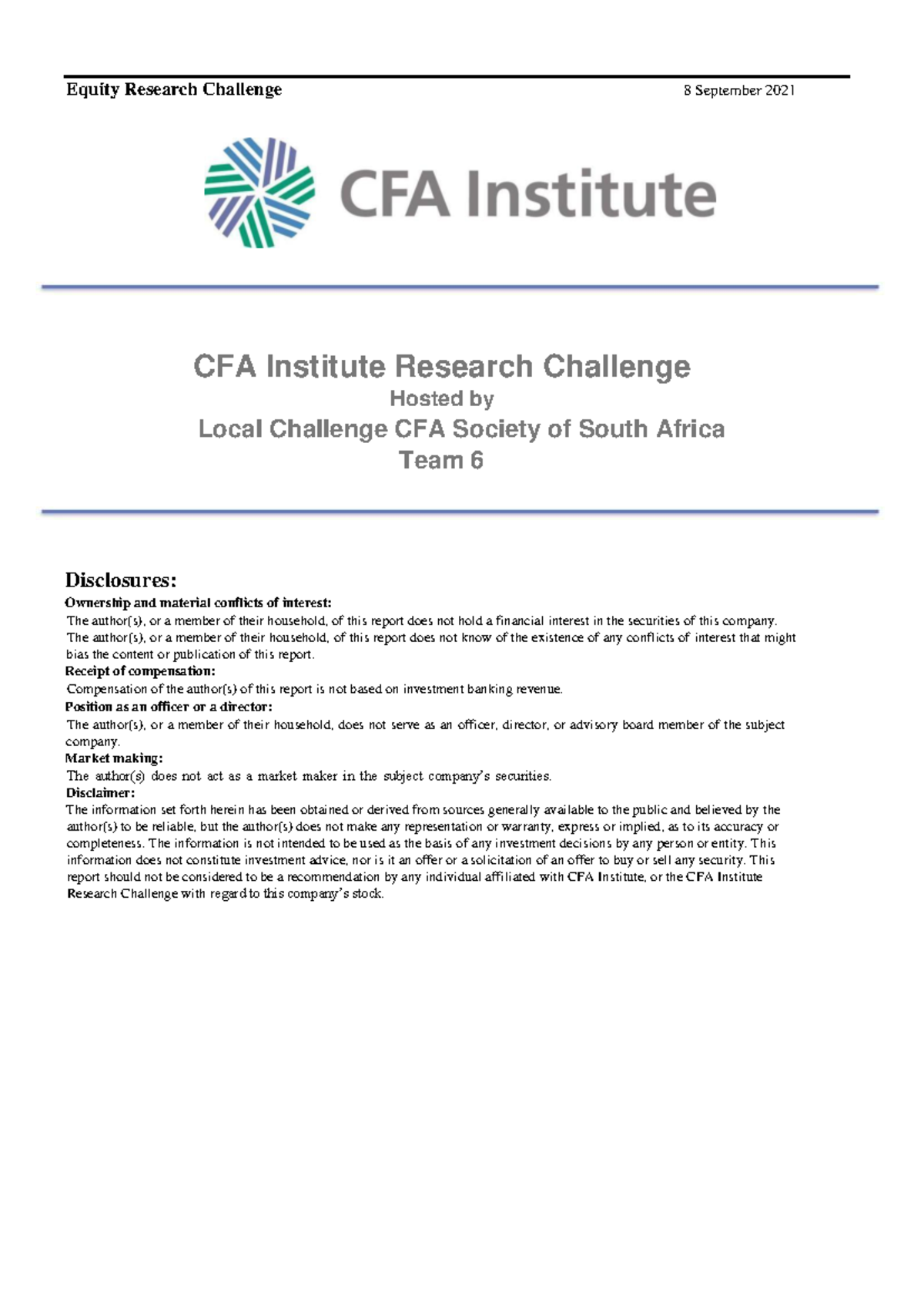CFA Research Challenge 2021: Impala Platinum Holdings Analysis - Studocu